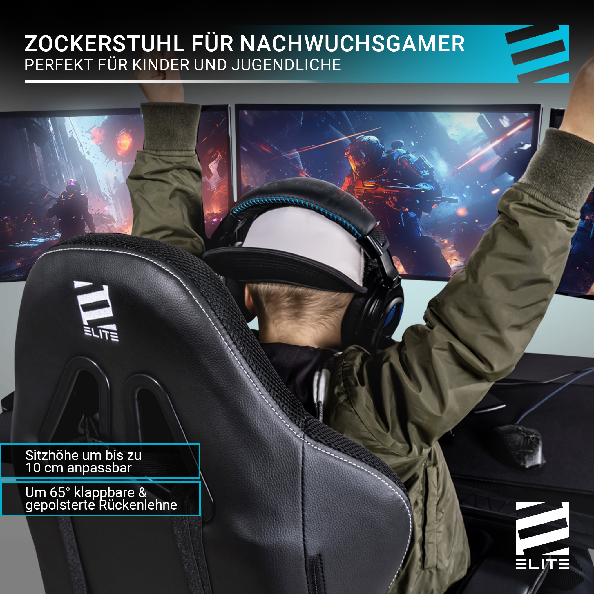 Junge in Gaming-Stuhl mit Headset. Text: 'ZOCKERSTUHL FÜR NACHWUCHS GAMER'.