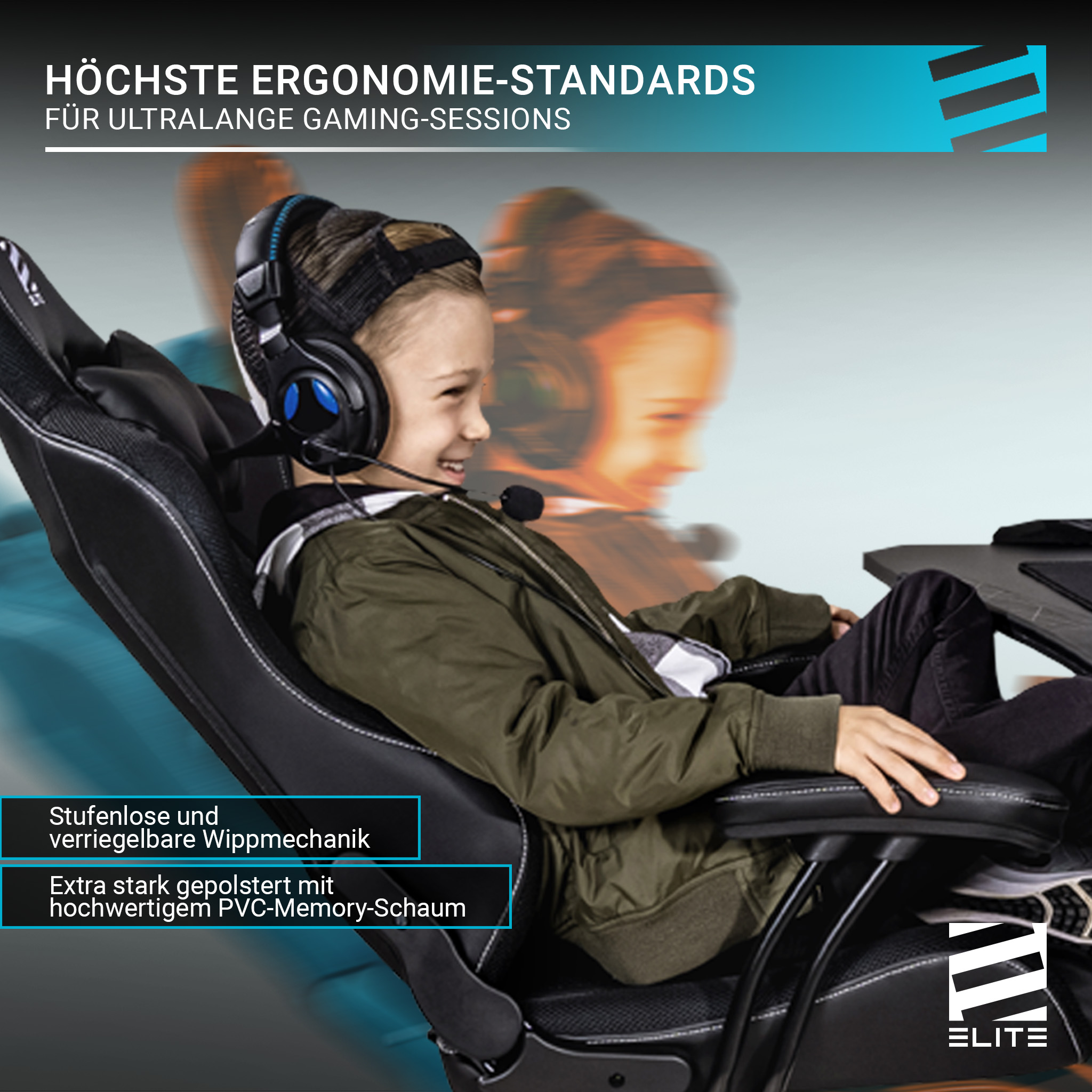 Ein Junge spielt auf einem Gaming-Stuhl. Der Text oben lautet „HÖCHSTE ERGONOMIE-STANDARDS“.