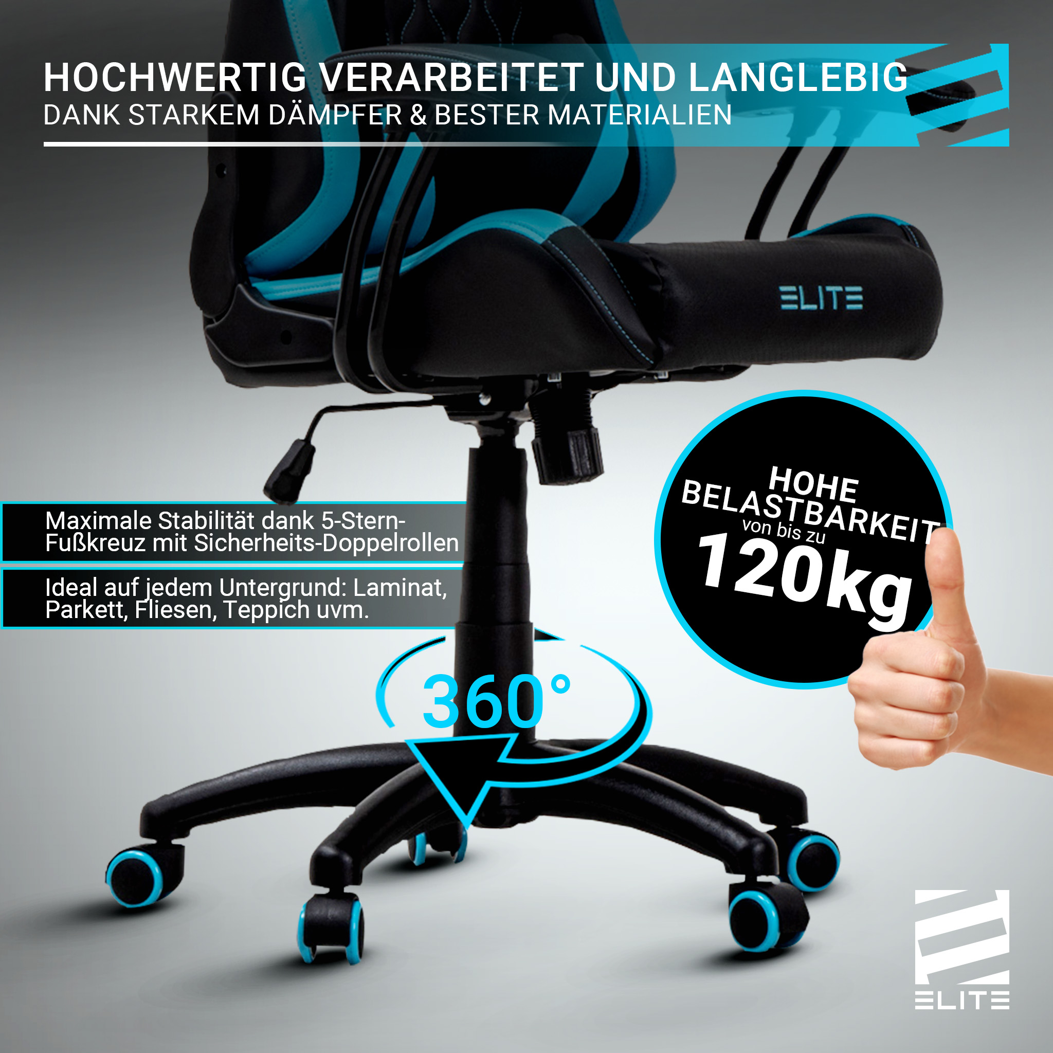 Ein Gaming-Stuhl mit schwarzen, blauen Akzenten und 360-Grad-Drehbarkeit. 120kg Gewicht.