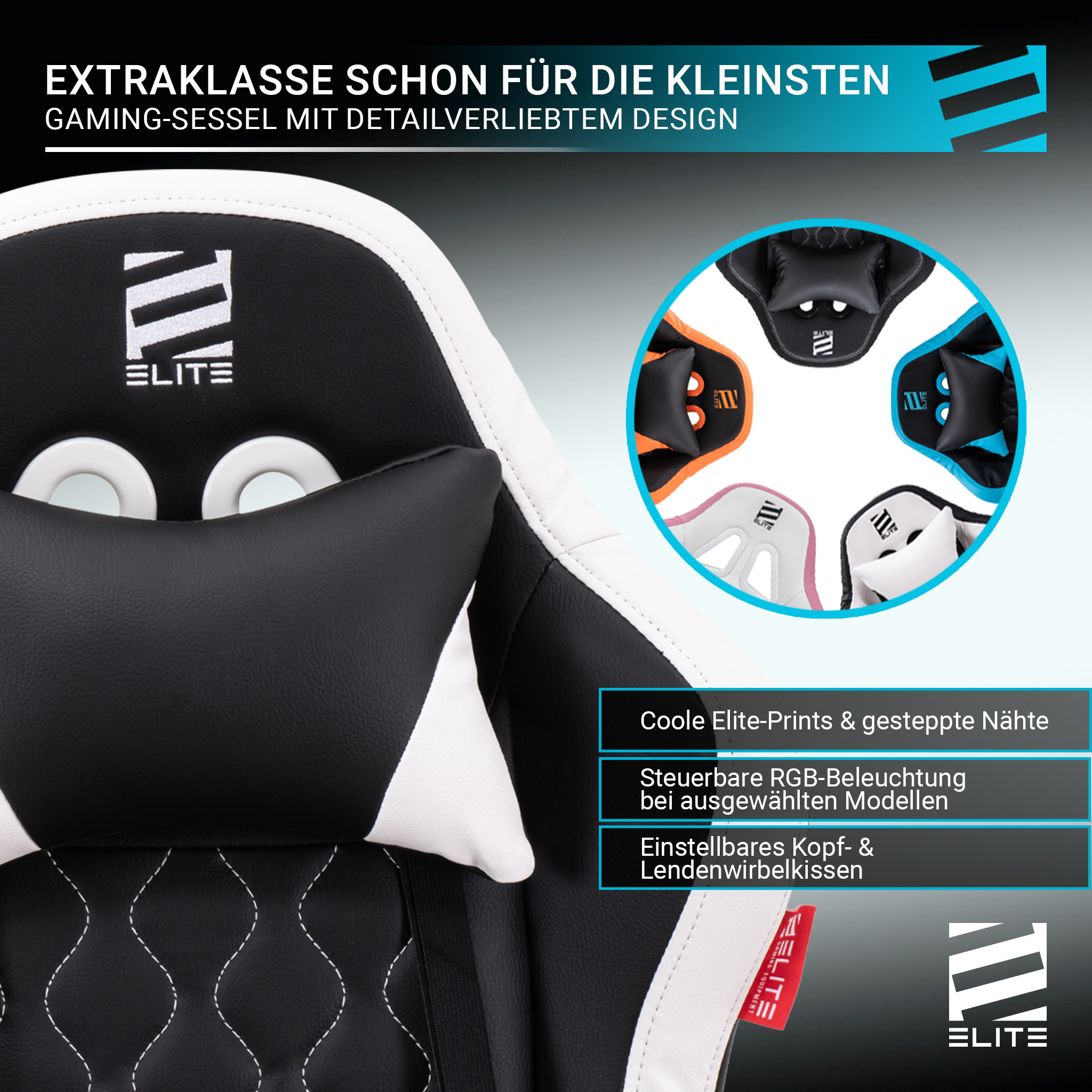 Weißer und schwarzer Gaming-Stuhl mit Kissen und andere Stuhlvarianten im Kreis.