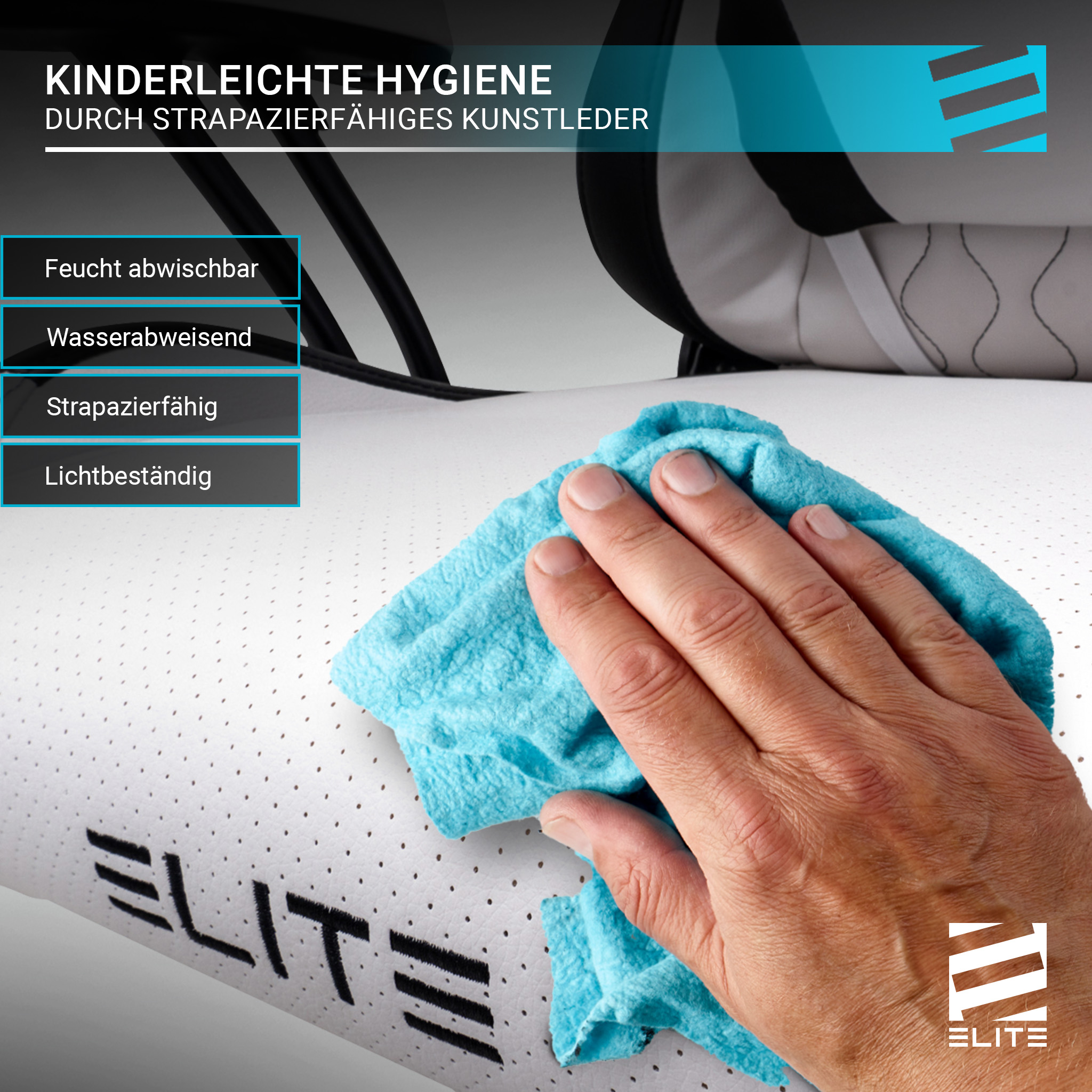 Hand wischt mit einem blauen Tuch über eine weiße, perforierte Oberfläche mit schwarzem Elite-Text. Schwarzer Hintergrund.