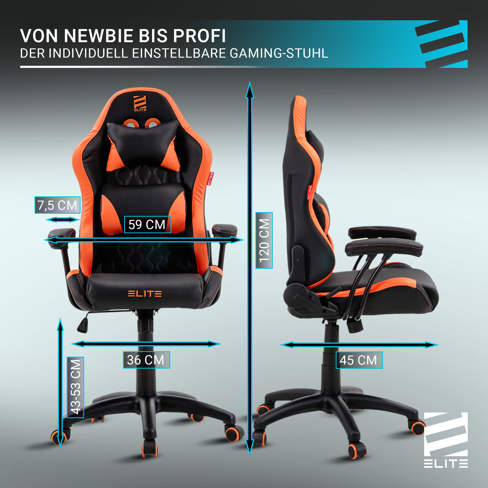 Gaming-Stuhl mit orangefarbenem und schwarzem Design. Maße sind angegeben. Text: VON NEWBIE BIS PROFI.