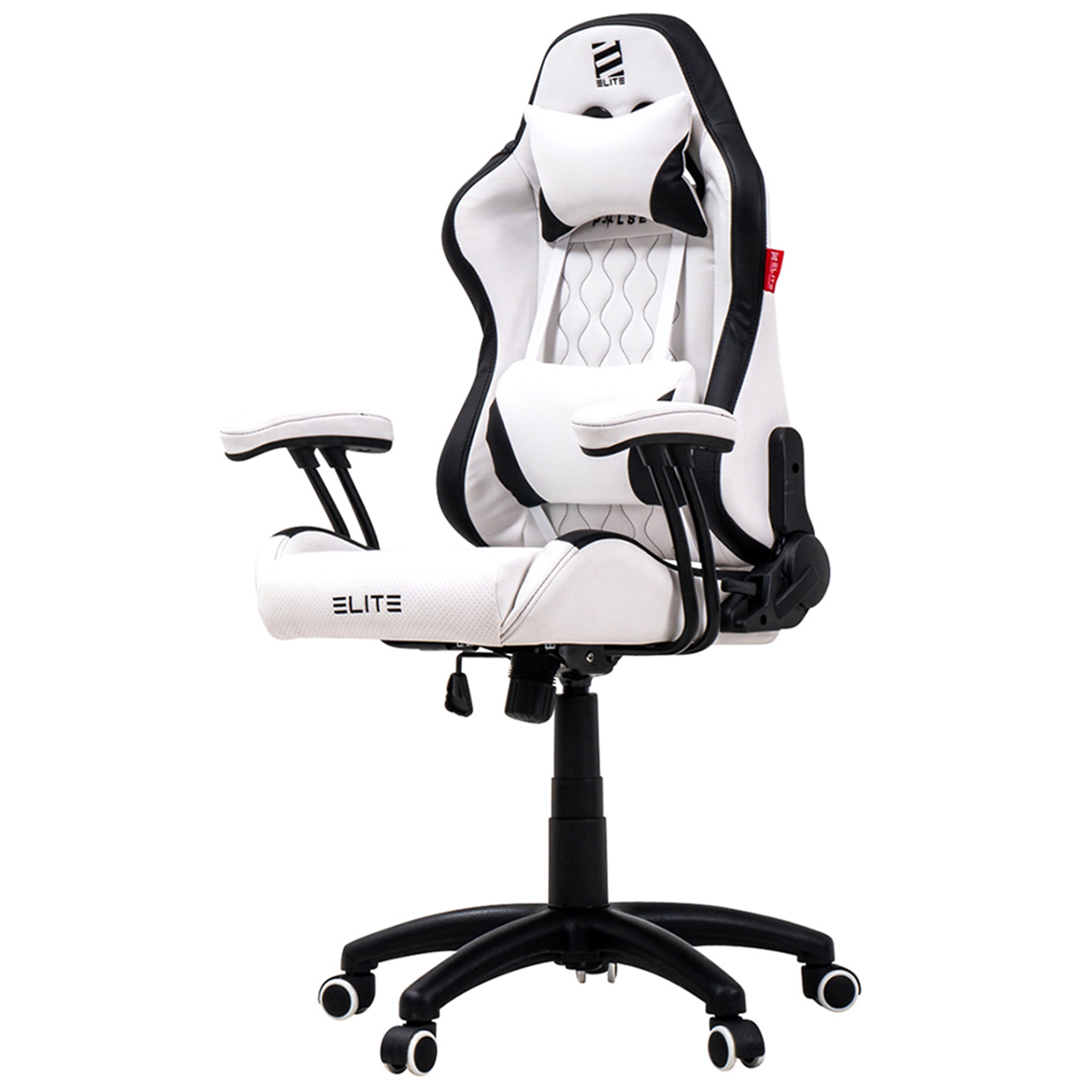Weißer und schwarzer Gaming-Stuhl. Er hat eine Kopfstütze und Lordosenstütze. Die Basis hat Räder.