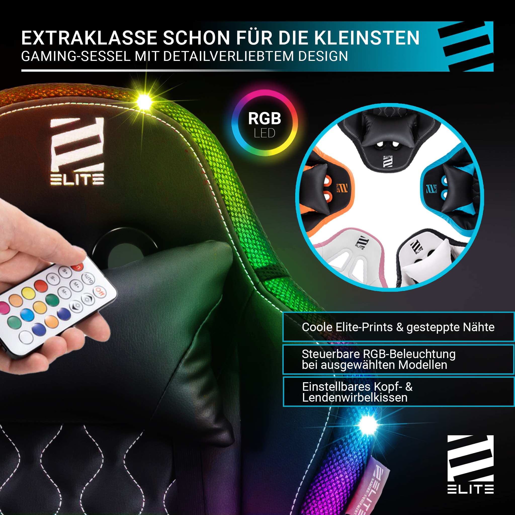 Gaming-Stuhl-Detailaufnahme. Schwarzer Stuhl, RGB-LED-Lichter, mit Fernbedienung. Text.