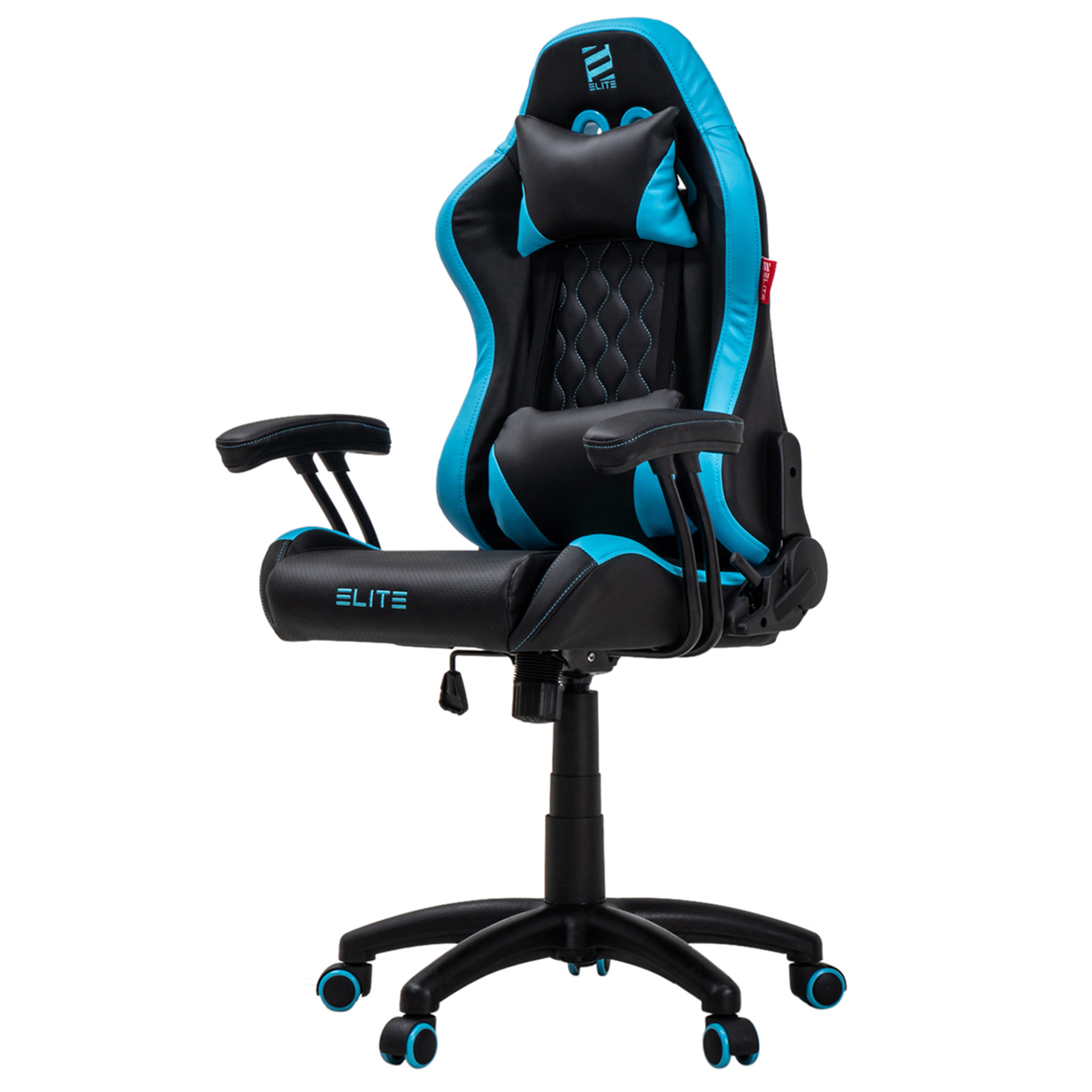 Gaming-Stuhl mit schwarzen, blauen Farben. Schwarze Basis und Räder. Weißer Hintergrund.