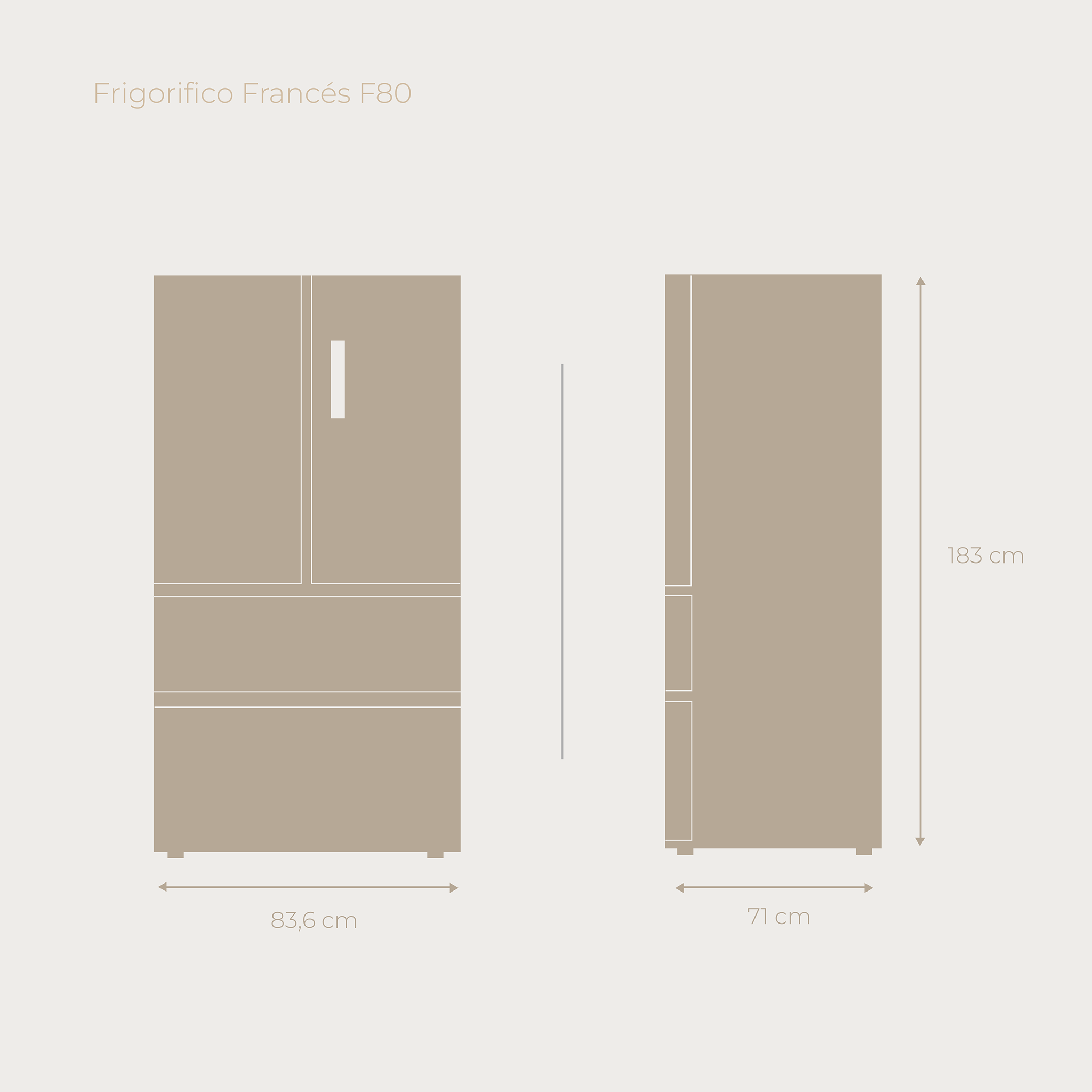 Dibujo técnico de un frigorífico de puerta francesa con dimensiones de 83,6 cm x 183 cm x 71 cm.