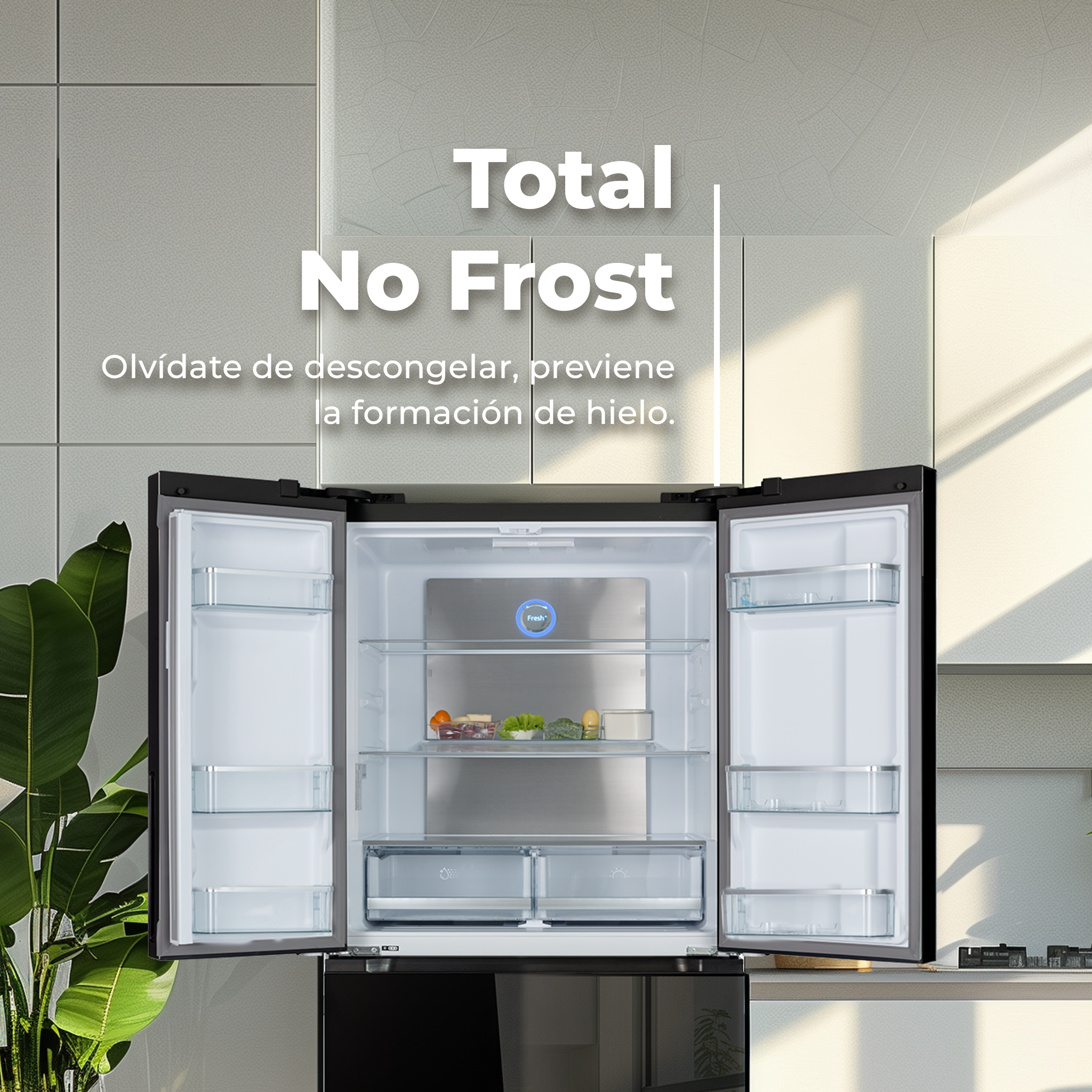 Refrigerador abierto con el texto 'Total No Frost'. Interior con estantes con comida y cajones.
