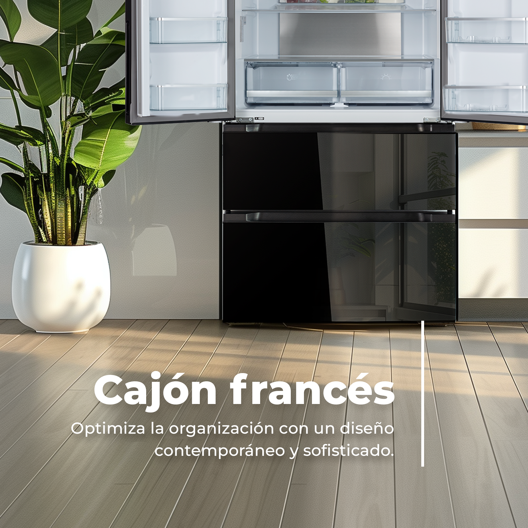 Refrigerador negro con puertas abiertas, planta verde en maceta blanca, texto.