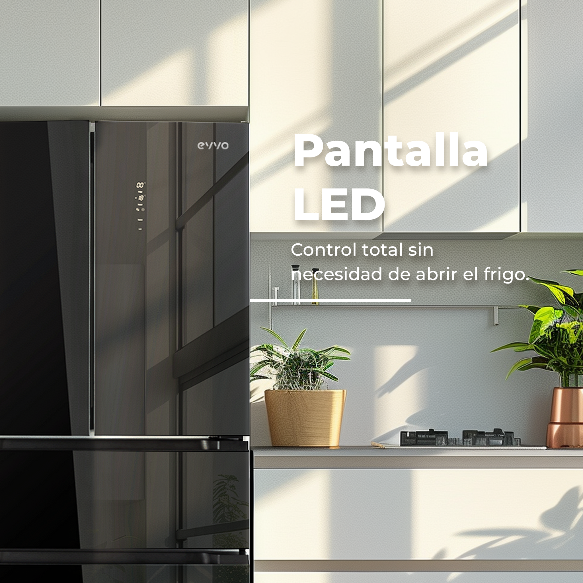 Interior de cocina moderna con nevera y pantalla LED. Armarios blancos, planta y encimera.