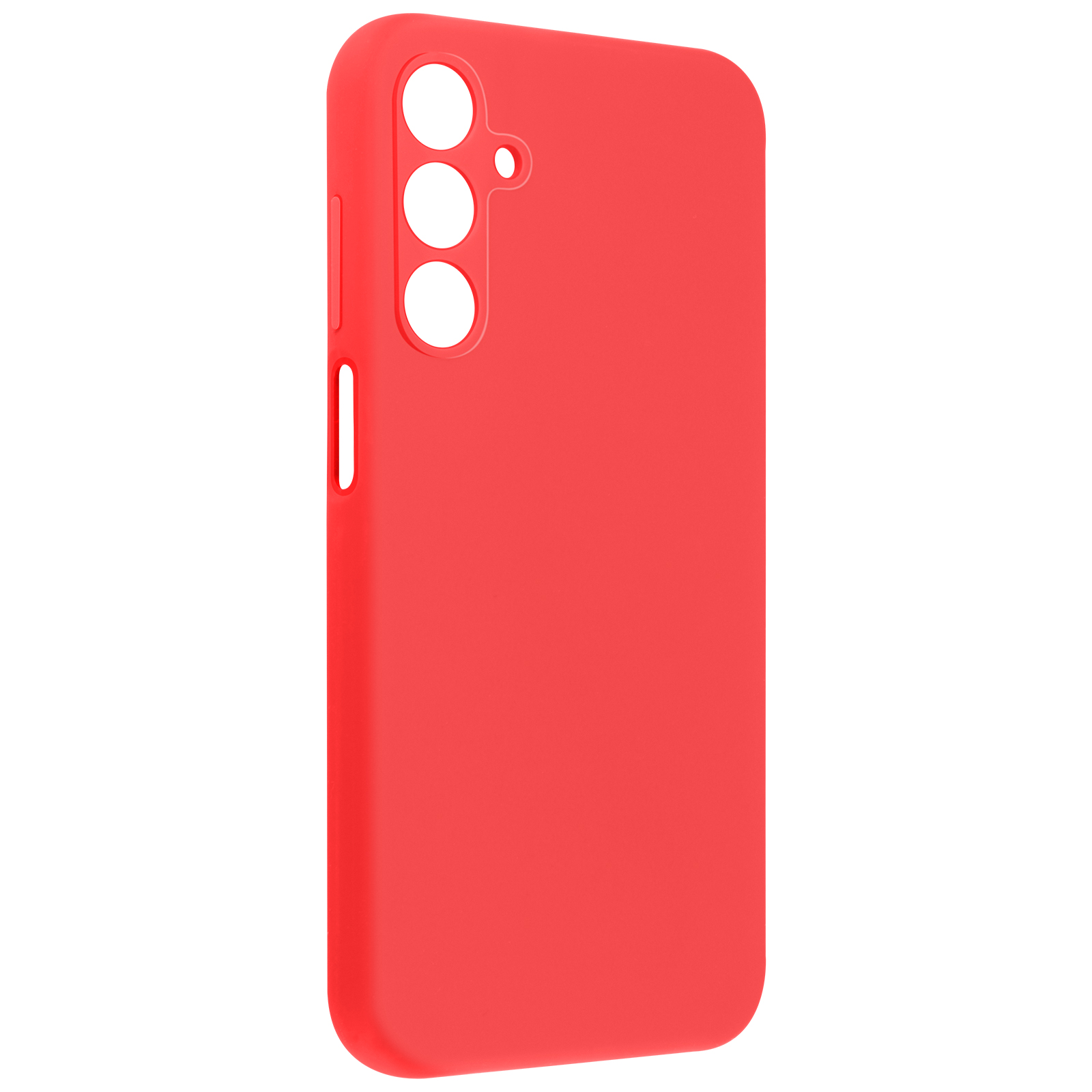 Una custodia per telefono rossa con ritagli per la fotocamera e i pulsanti. Ha tre fori per la fotocamera posteriore.