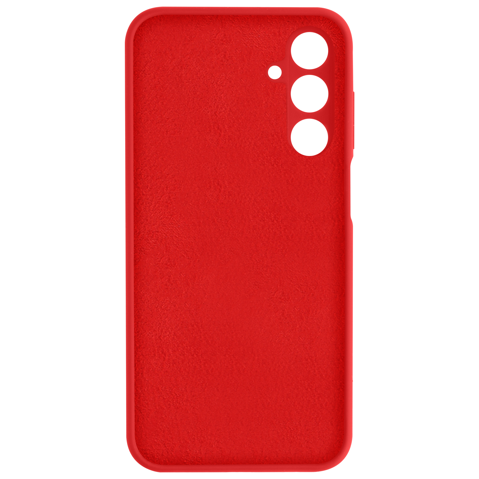 Custodia rossa per telefono con una texture liscia. Ha tre fori per la fotocamera.