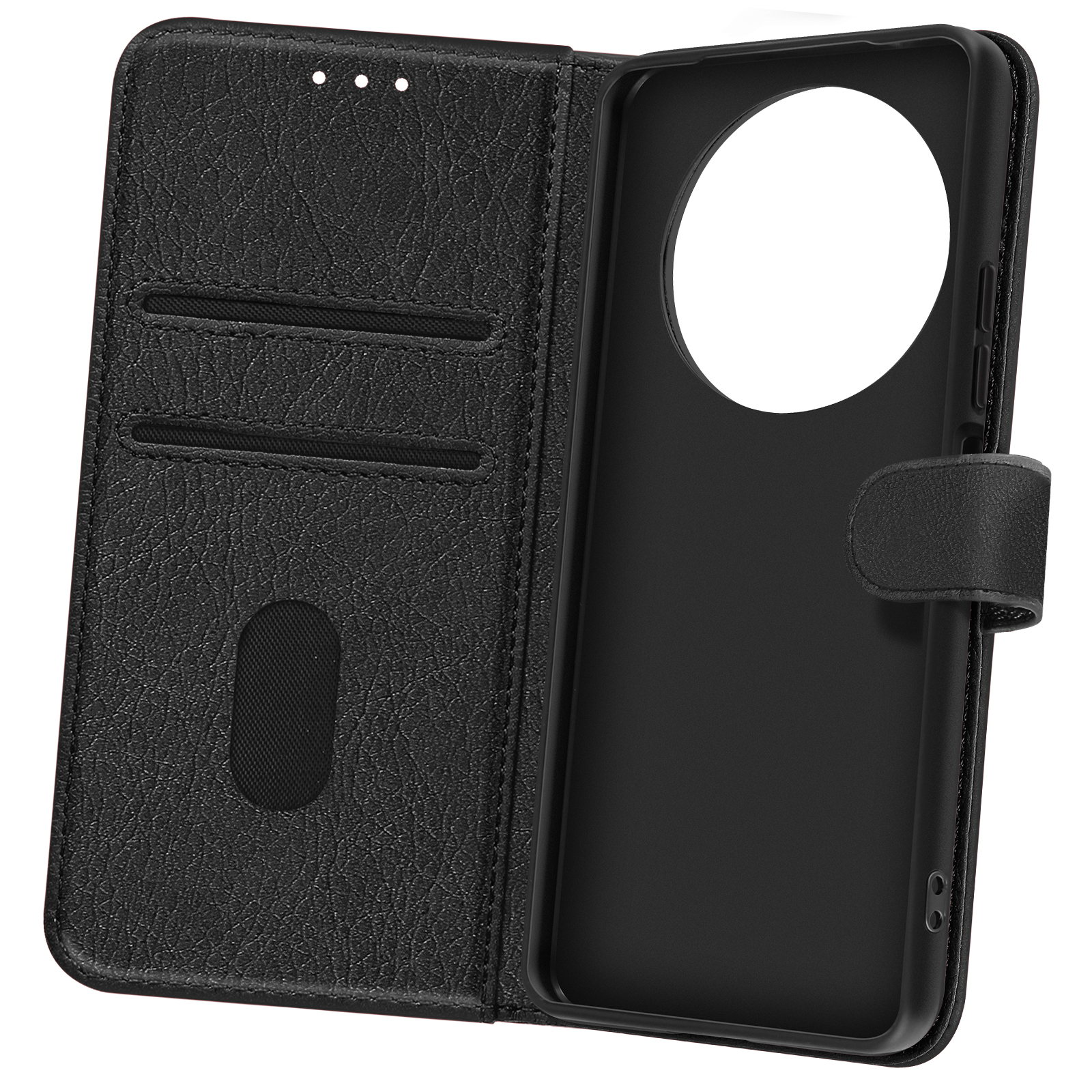 Custodia per telefono in pelle nera aperta, con fessure per carte e supporto.