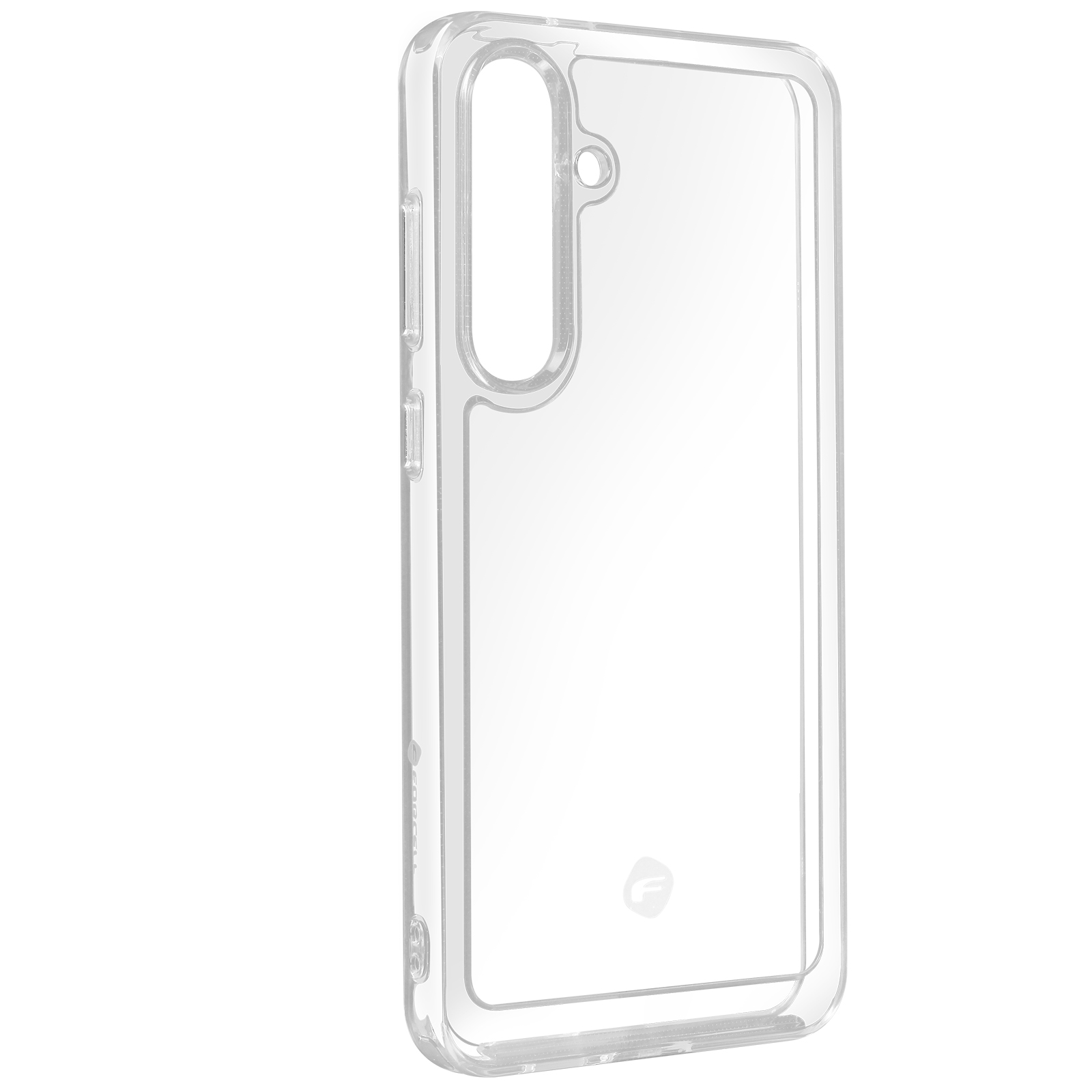Una custodia trasparente per telefono, in plastica trasparente, che mostra il contorno e il ritaglio.