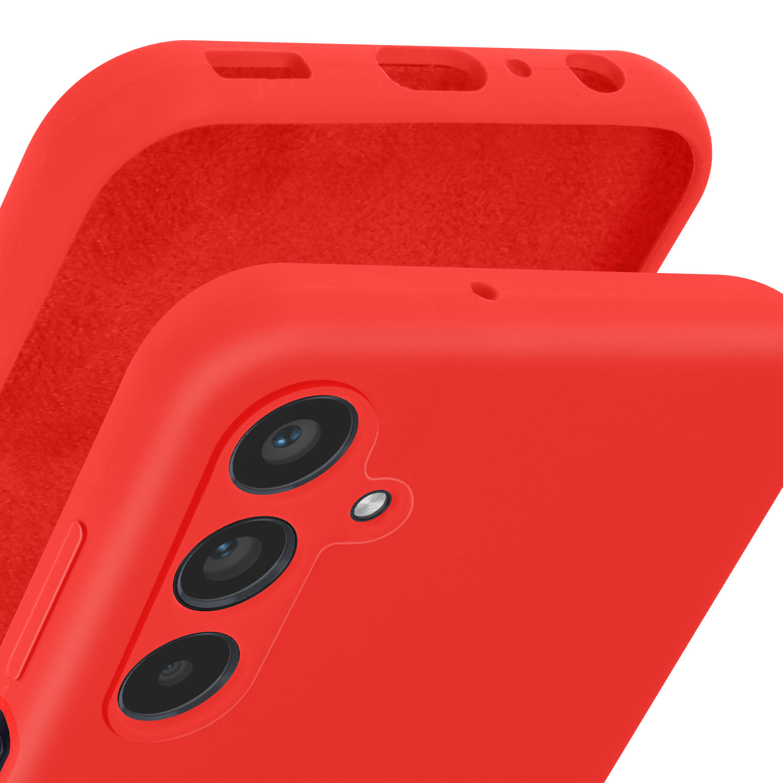 Primo piano di una custodia rossa per telefono con tre obiettivi.