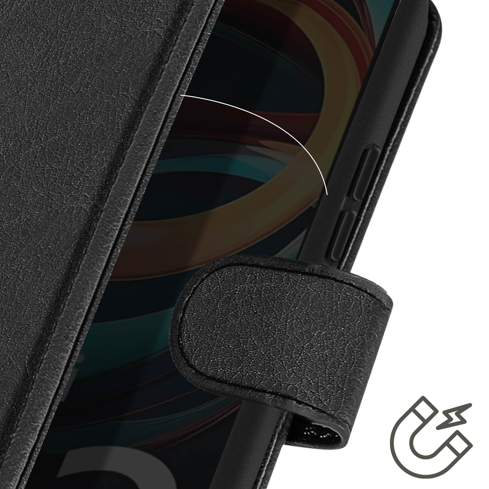 Custodia per telefono nera con chiusura magnetica. Mostra il lato di un telefono.