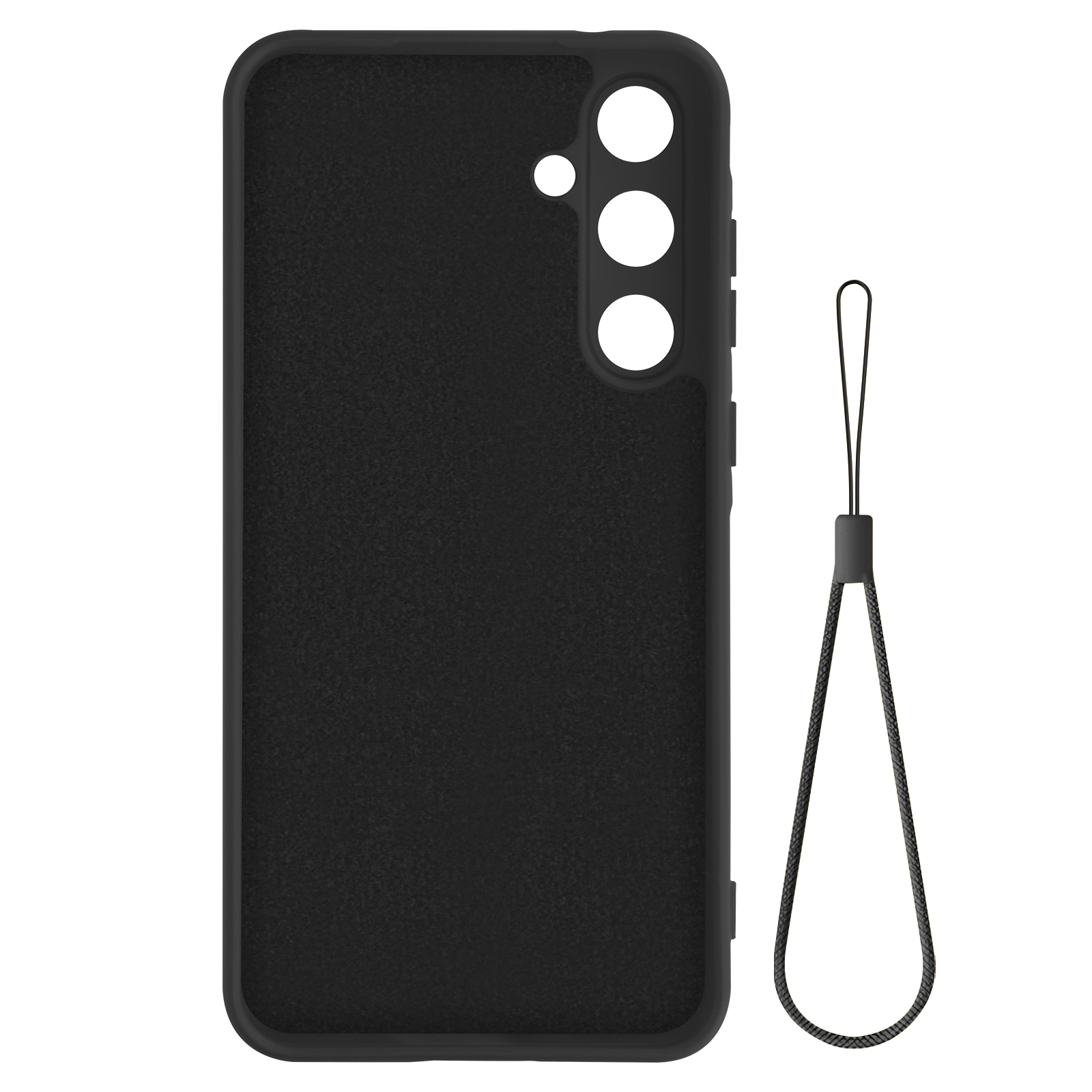 Custodia per telefono nera con fori per la fotocamera e un cordino. La custodia è strutturata.