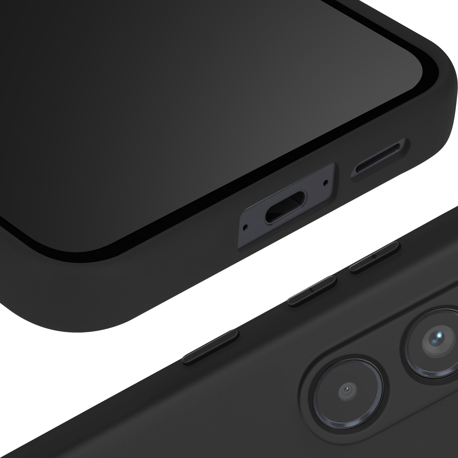 Primo piano di un telefono nero con porte e fotocamera.