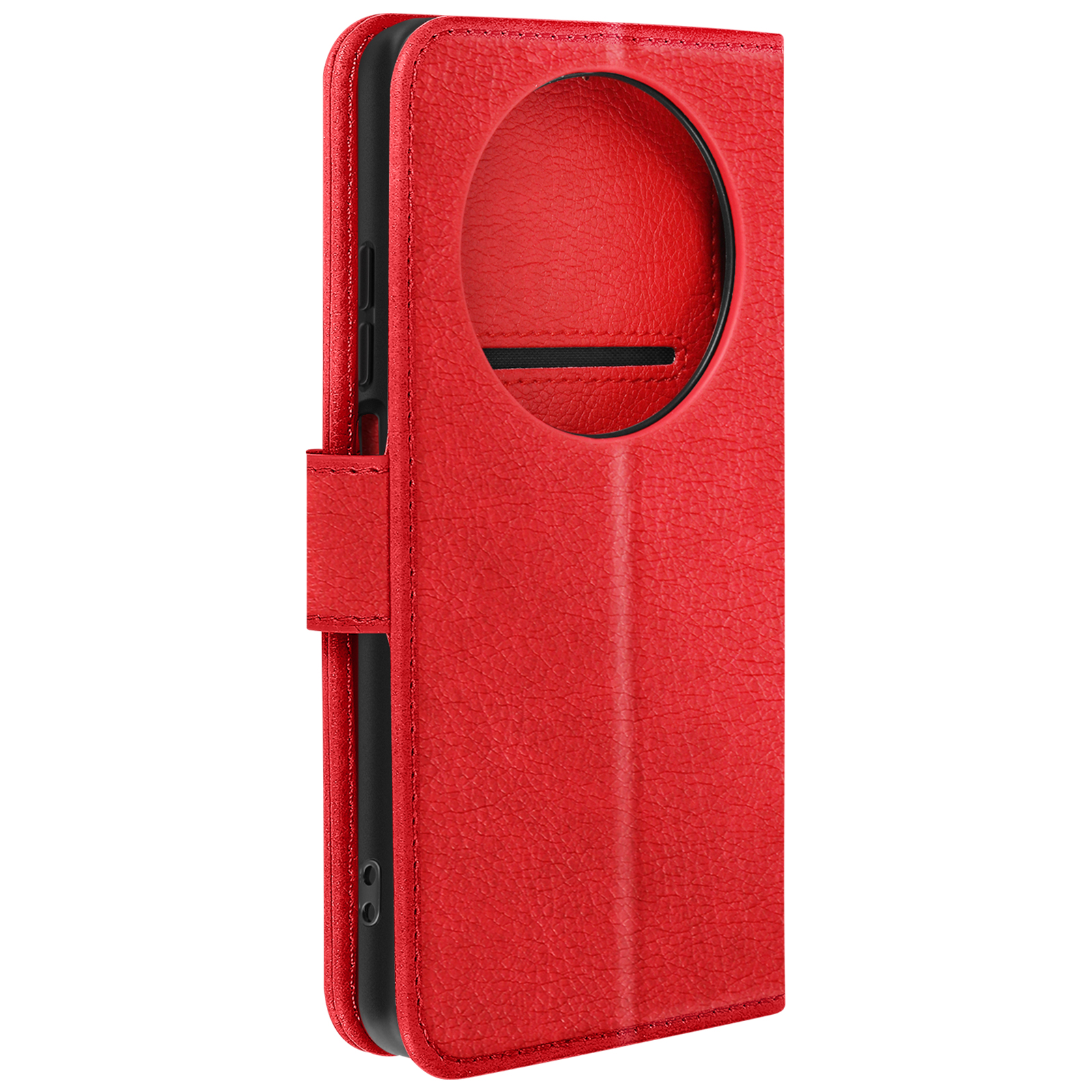 Custodia per telefono in pelle rossa con foro rotondo per fotocamera.