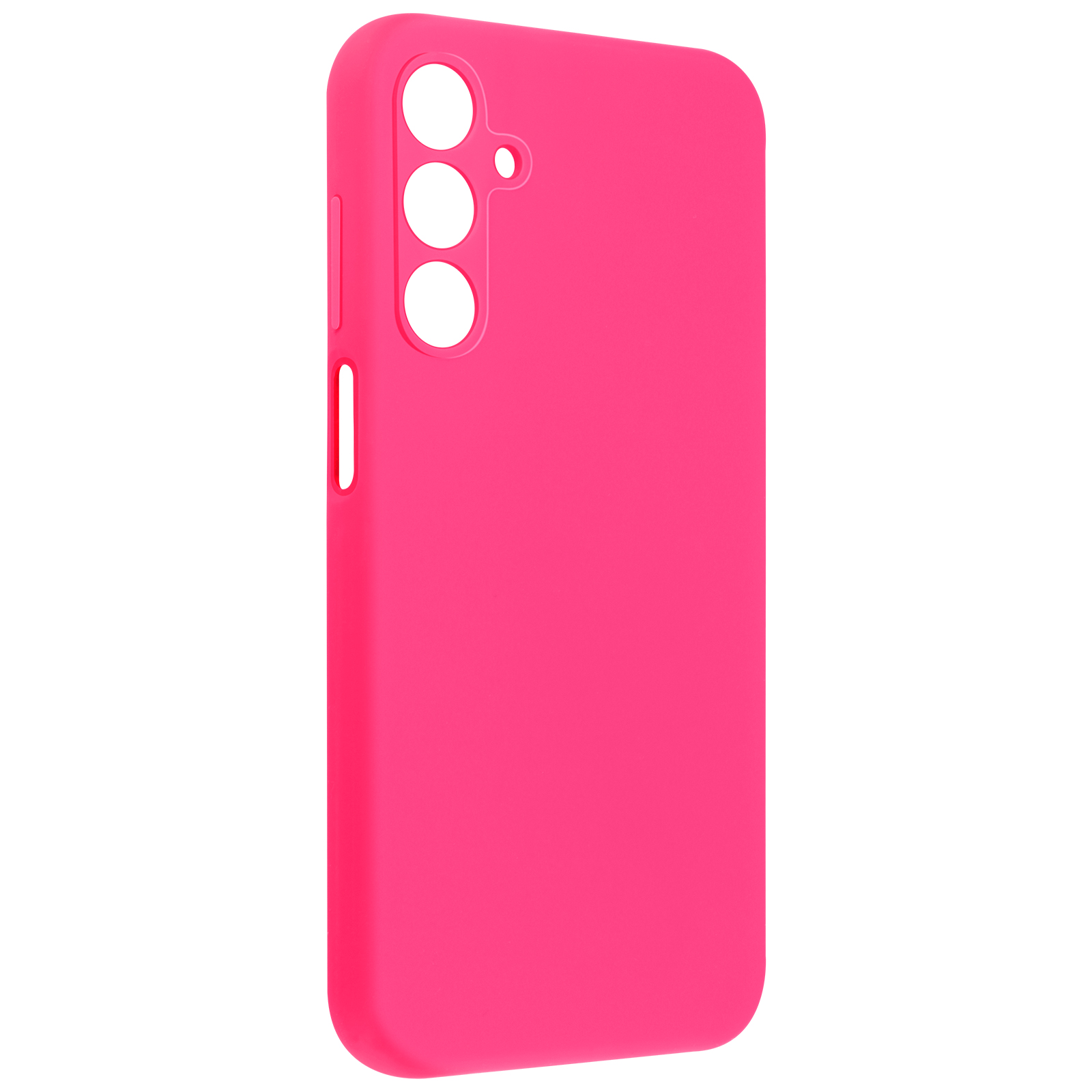 Coque de téléphone rose vif. Elle a des trous pour les caméras et des boutons sur le côté.