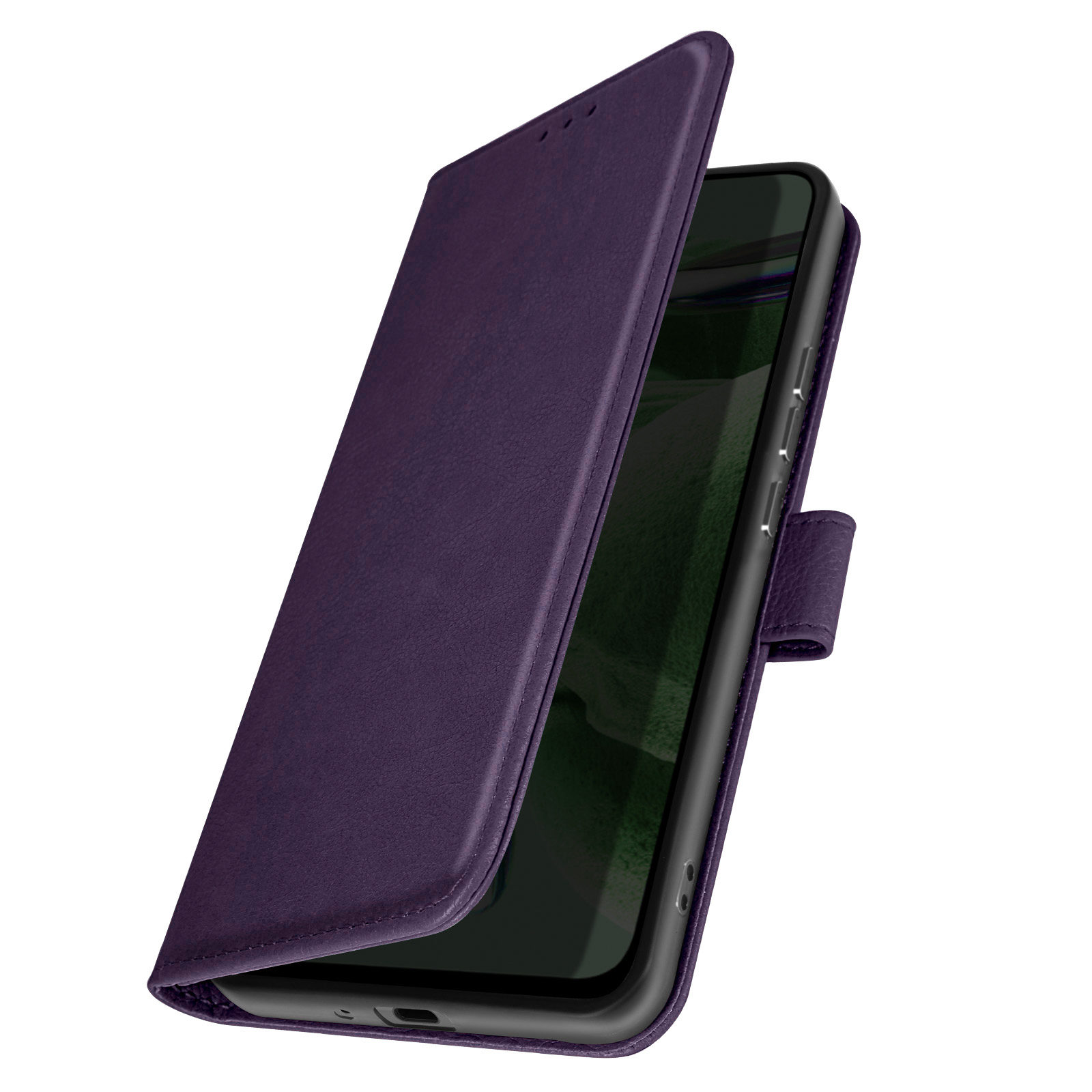 Custodia per telefono viola, aperta per rivelare un telefono. Il telefono è nero. La custodia ha una chiusura magnetica.