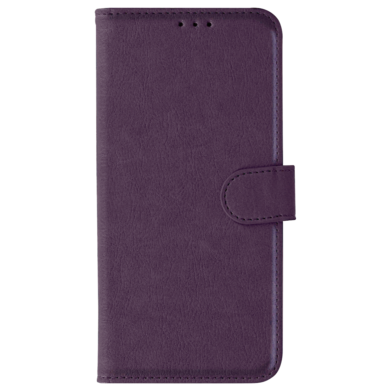 Custodia per telefono in pelle viola, chiusa. Ha una patta con chiusura a bottone e tre fori in alto.