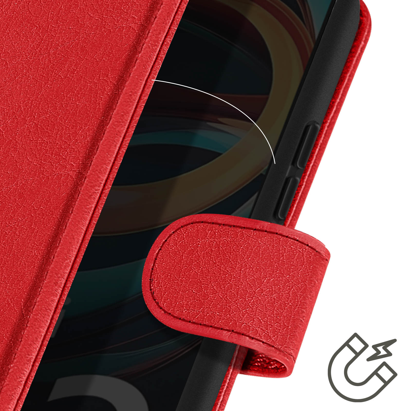 Custodia rossa con chiusura magnetica, che mostra il lato del telefono. Simbolo magnetico visibile.