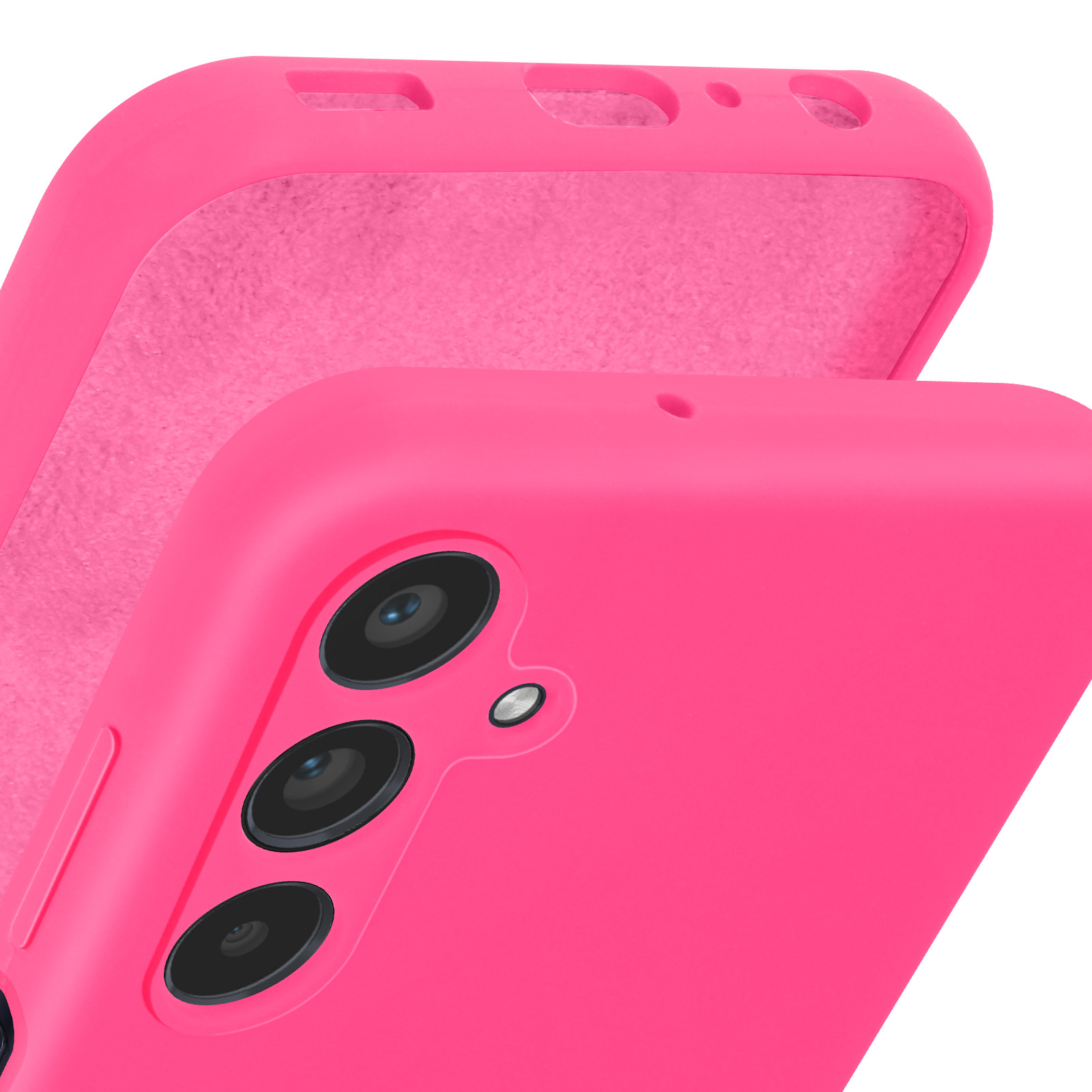 Coque de téléphone rose vif avec découpes pour l'objectif de l'appareil photo et intérieur doux.