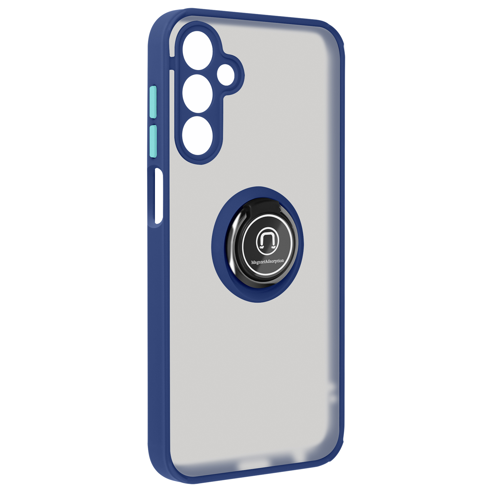 Coque de téléphone bleue et transparente avec support de bague. Un fond gris.