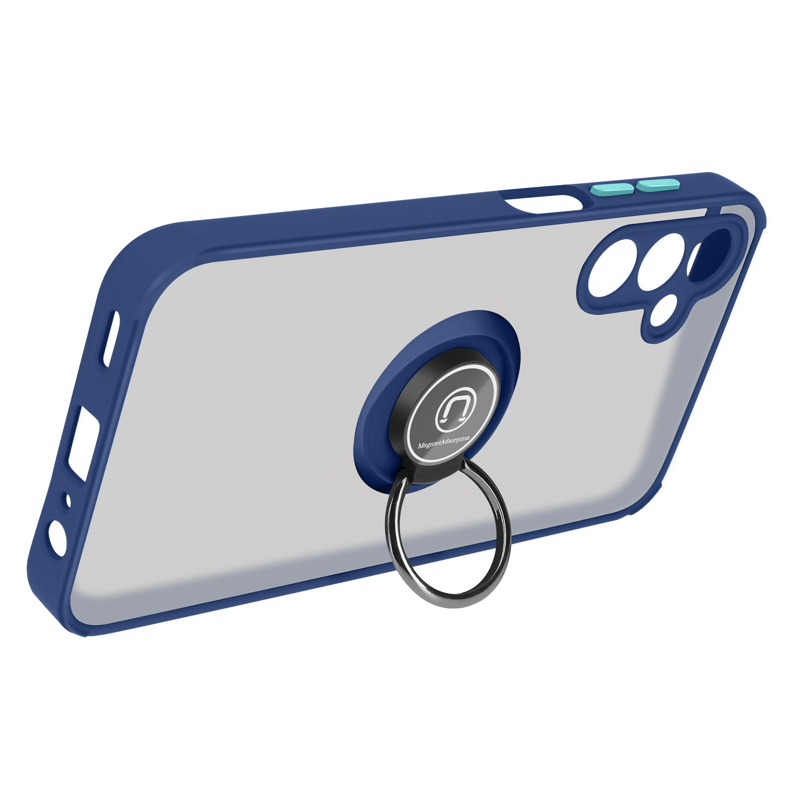 Une coque de téléphone bleue et transparente avec un porte-anneau, montrant l'arrière.