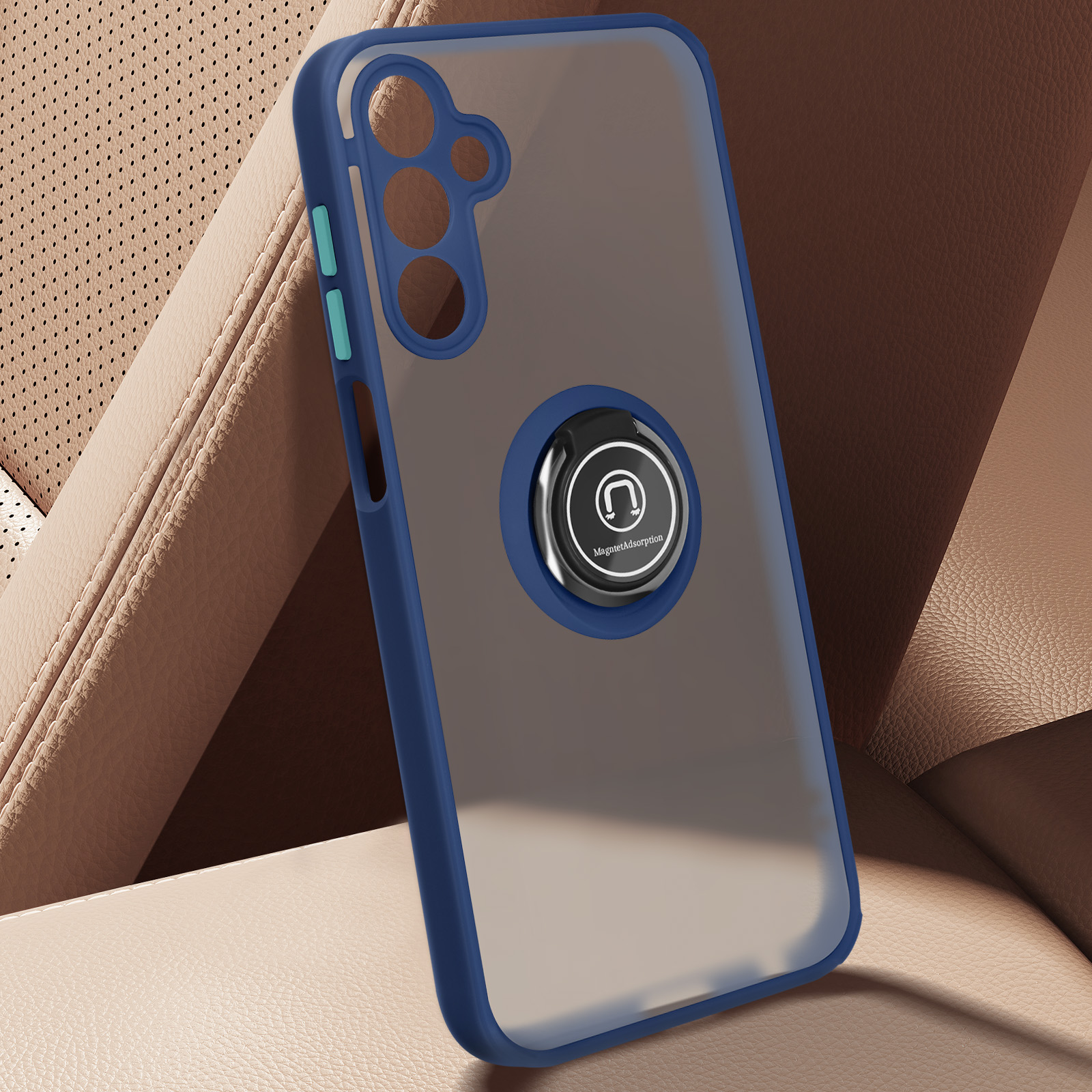 Coque de téléphone bleue avec anneau. Partiellement transparente. Fond : siège de voiture.