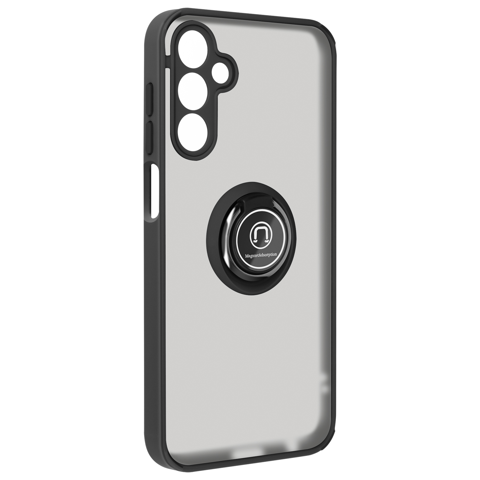 Custodia per telefono nera con supporto ad anello. L'anello ha un simbolo di magnete. Sfondo grigio.