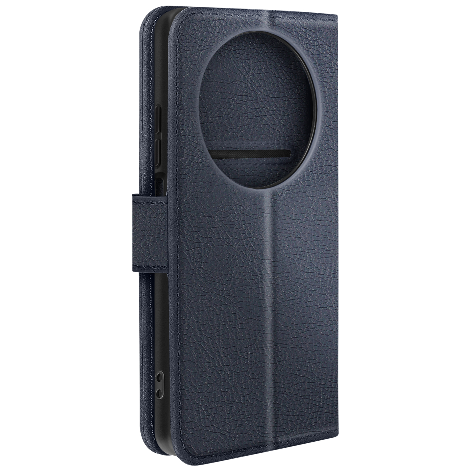 Una custodia a portafoglio per telefono blu scuro con apertura rotonda per la fotocamera e chiusura magnetica.