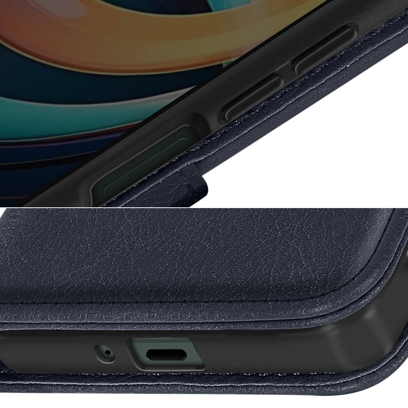 Primo piano di una custodia blu per telefono con un telefono nero all'interno. La custodia ha una superficie strutturata.