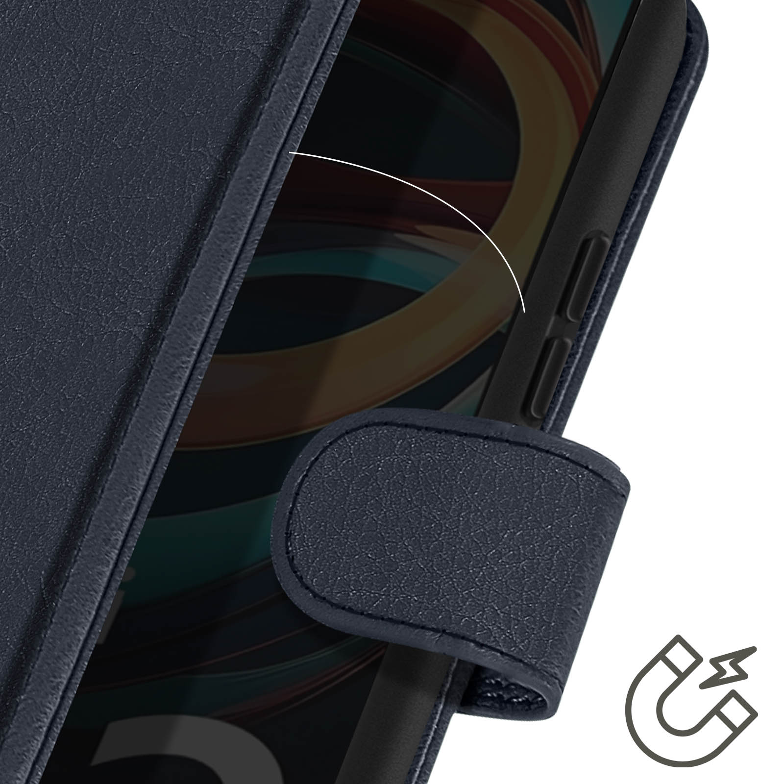 Primo piano di una custodia blu per telefono con chiusura magnetica.