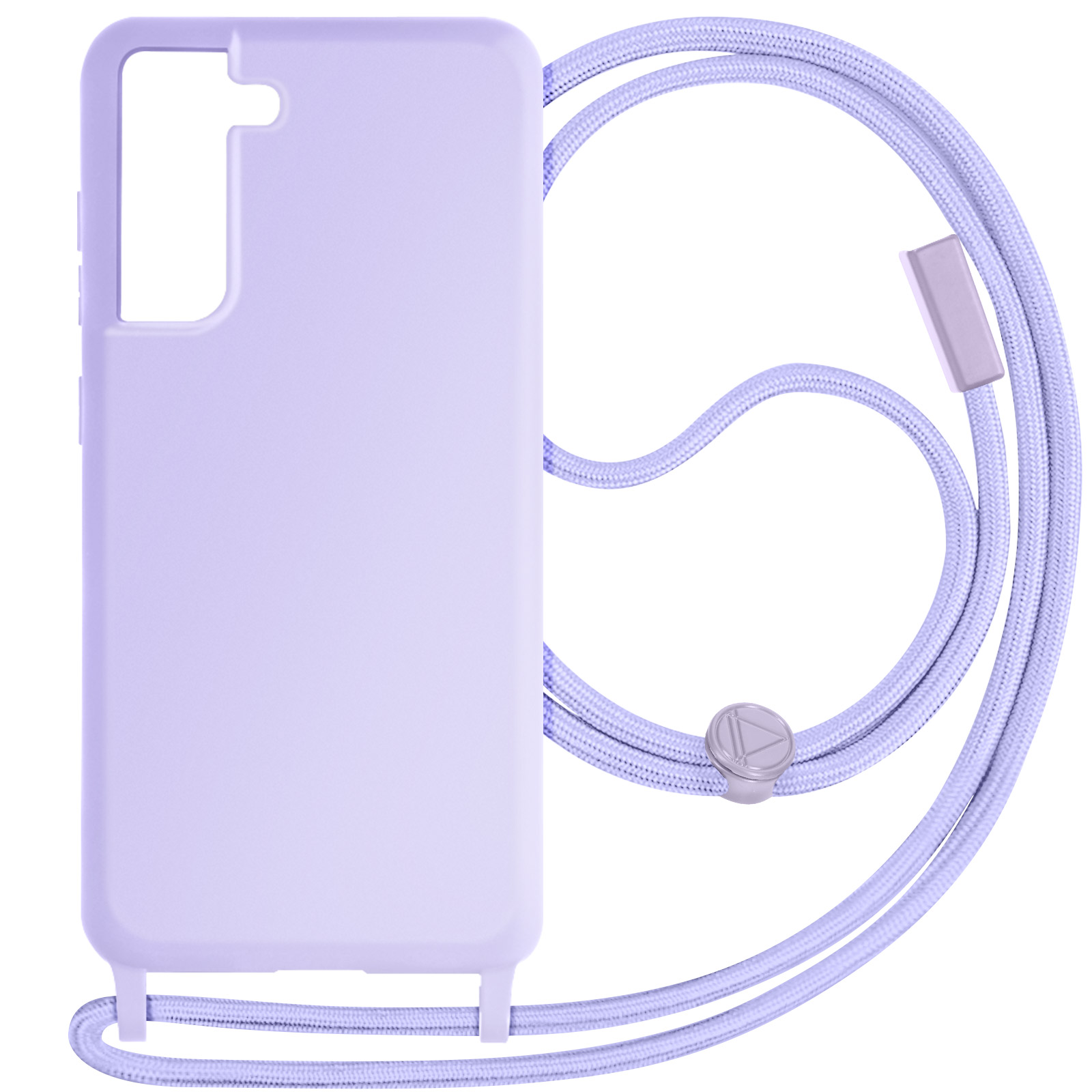 Una custodia per telefono color lavanda con un cordino abbinato. La custodia ha una finitura liscia e il cordino ha una chiusura.