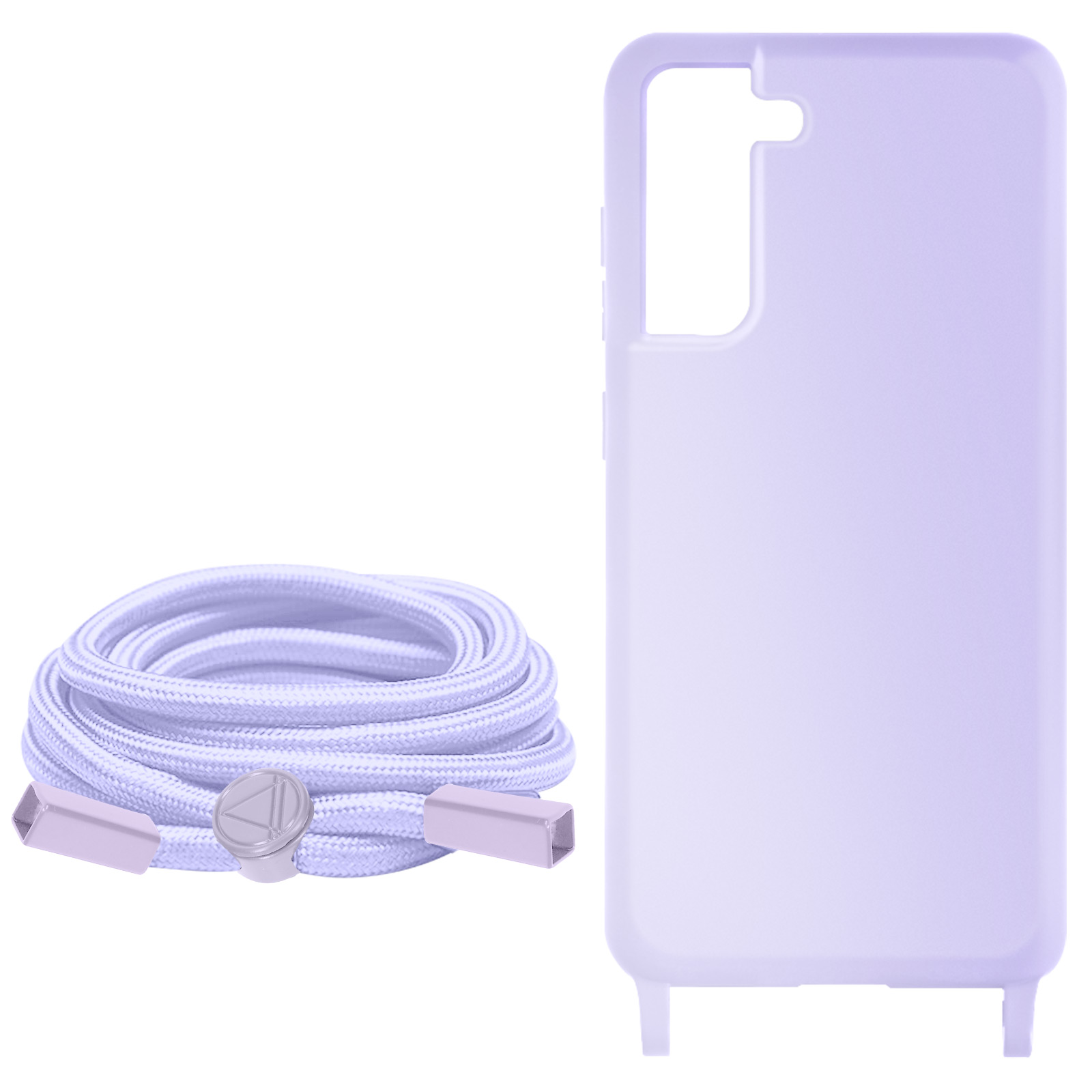 Custodia per telefono color lavanda con cavo bianco. Il cavo ha una parte rotonda argentata. Isolato su bianco.