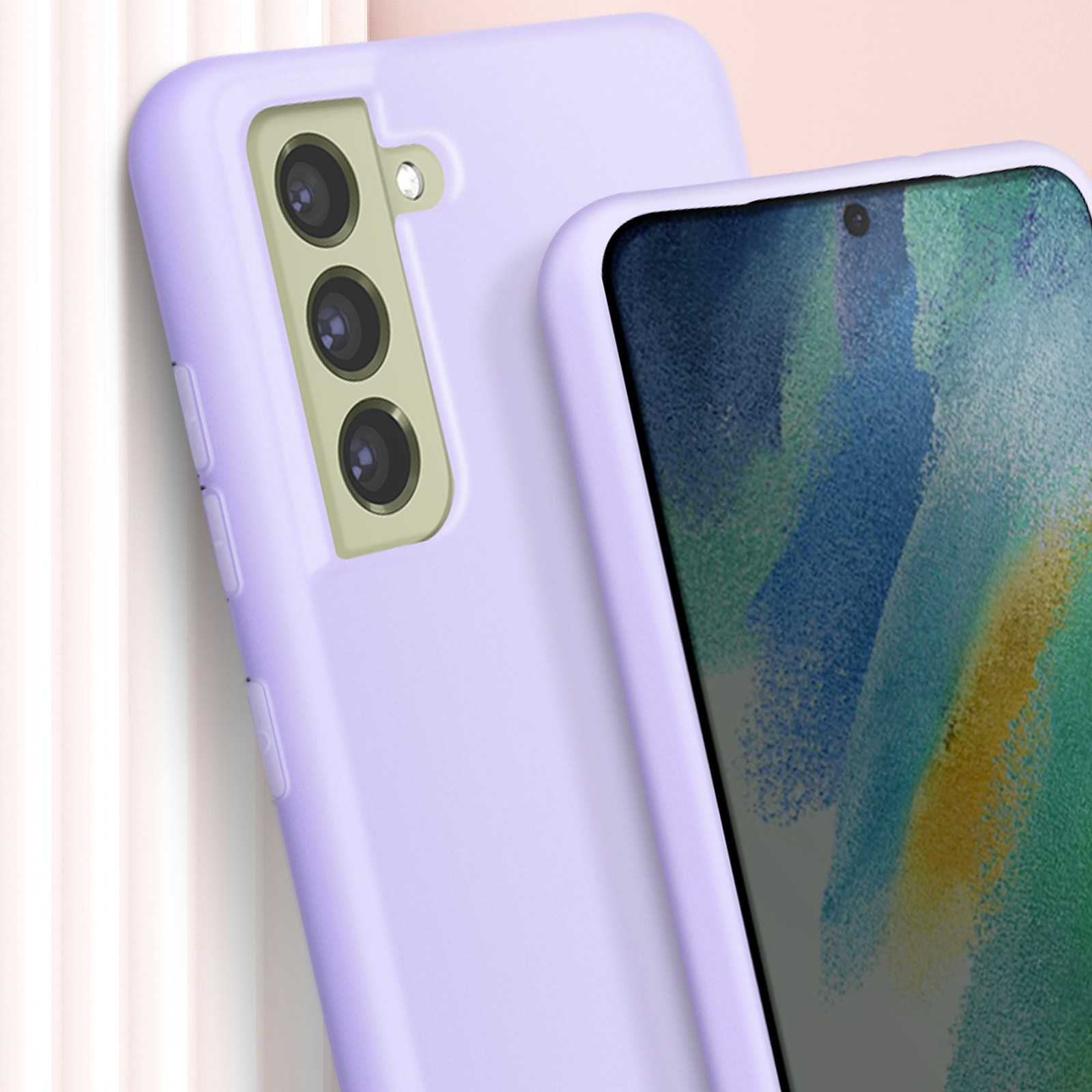 Due custodie per telefono, una su un telefono. Le custodie sono lavanda, con tre obiettivi.
