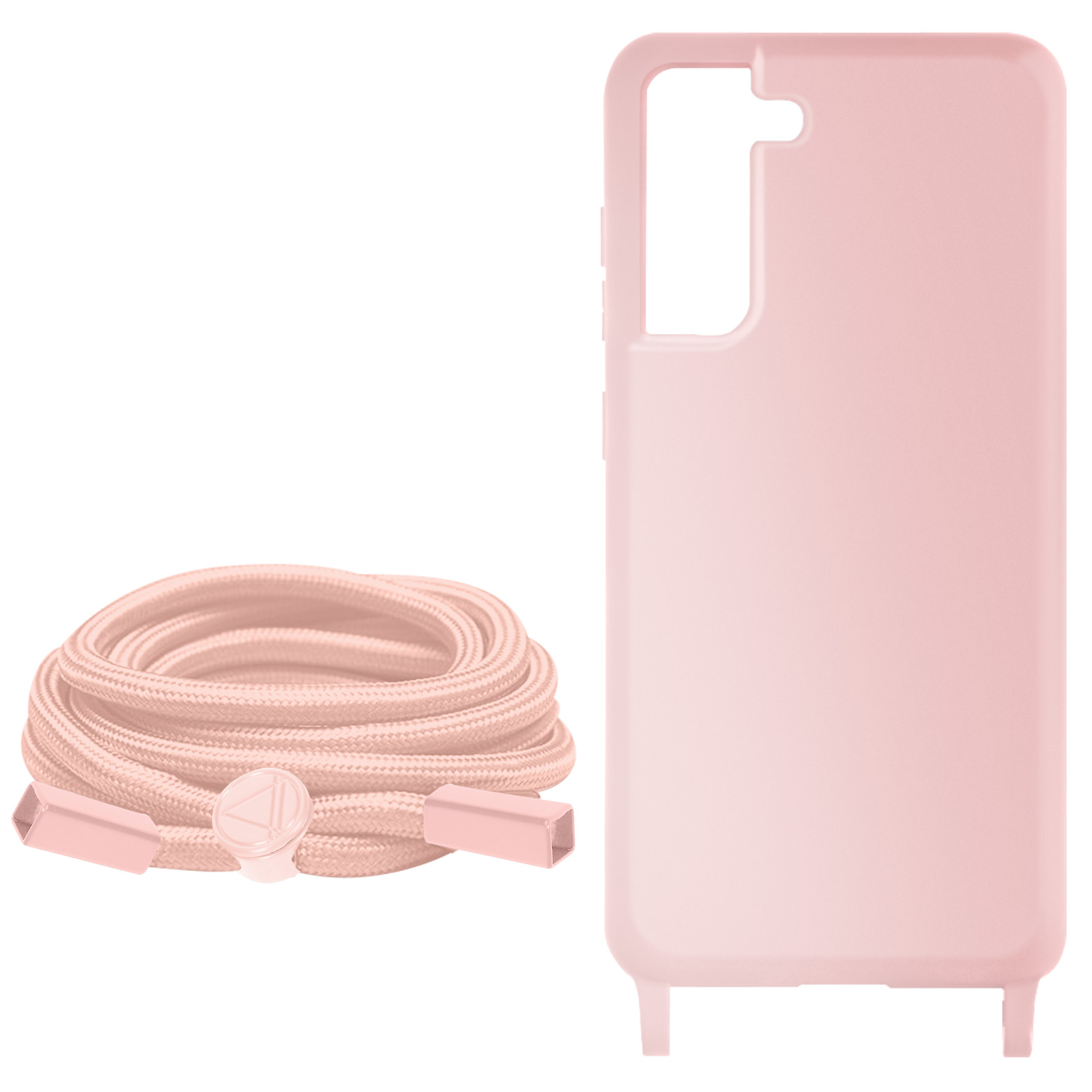 Custodia rosa con cordino rosa e connettori rosa su sfondo bianco.