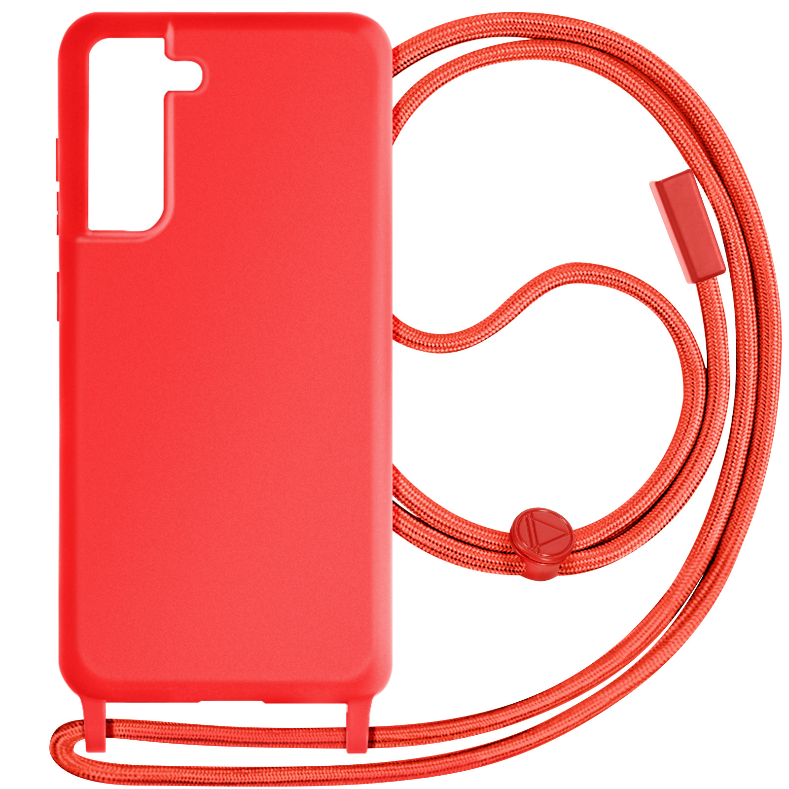 Custodia per telefono rossa con cordino. Sfondo bianco.