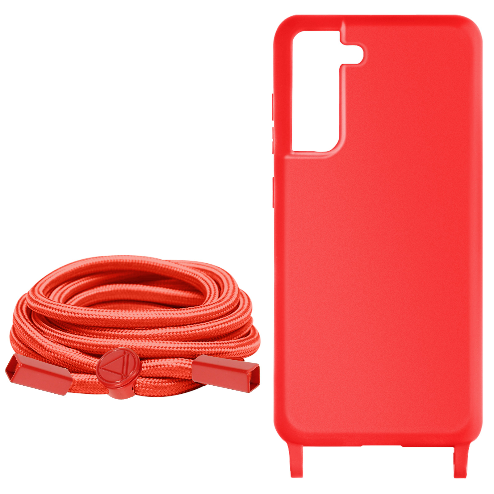 Custodia rossa per telefono con corda rossa e connettore, su sfondo bianco.