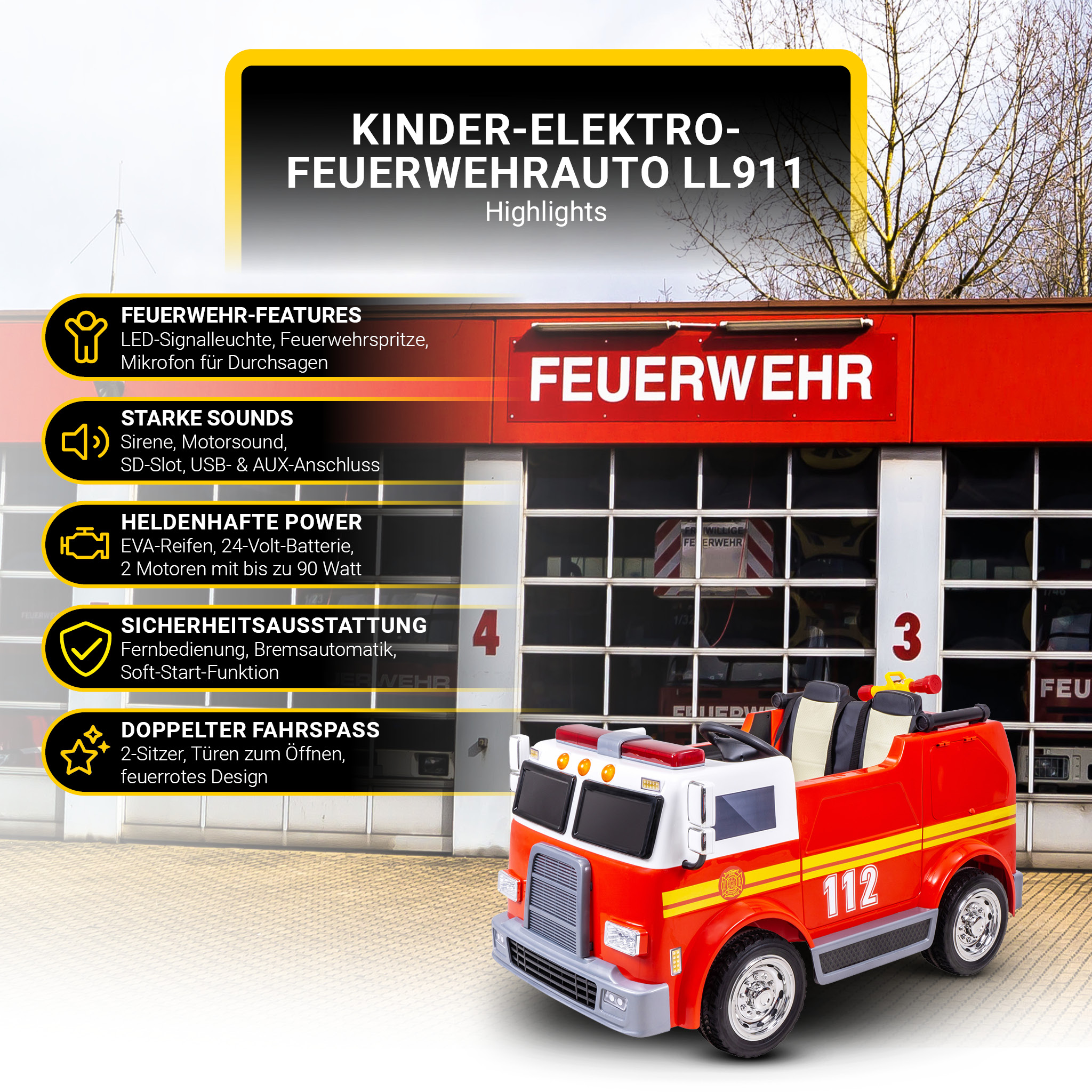 Ein rotes Spielzeugfeuerwehrauto mit Funktionen, einschließlich Lichtern, Geräuschen und Wasserspray.