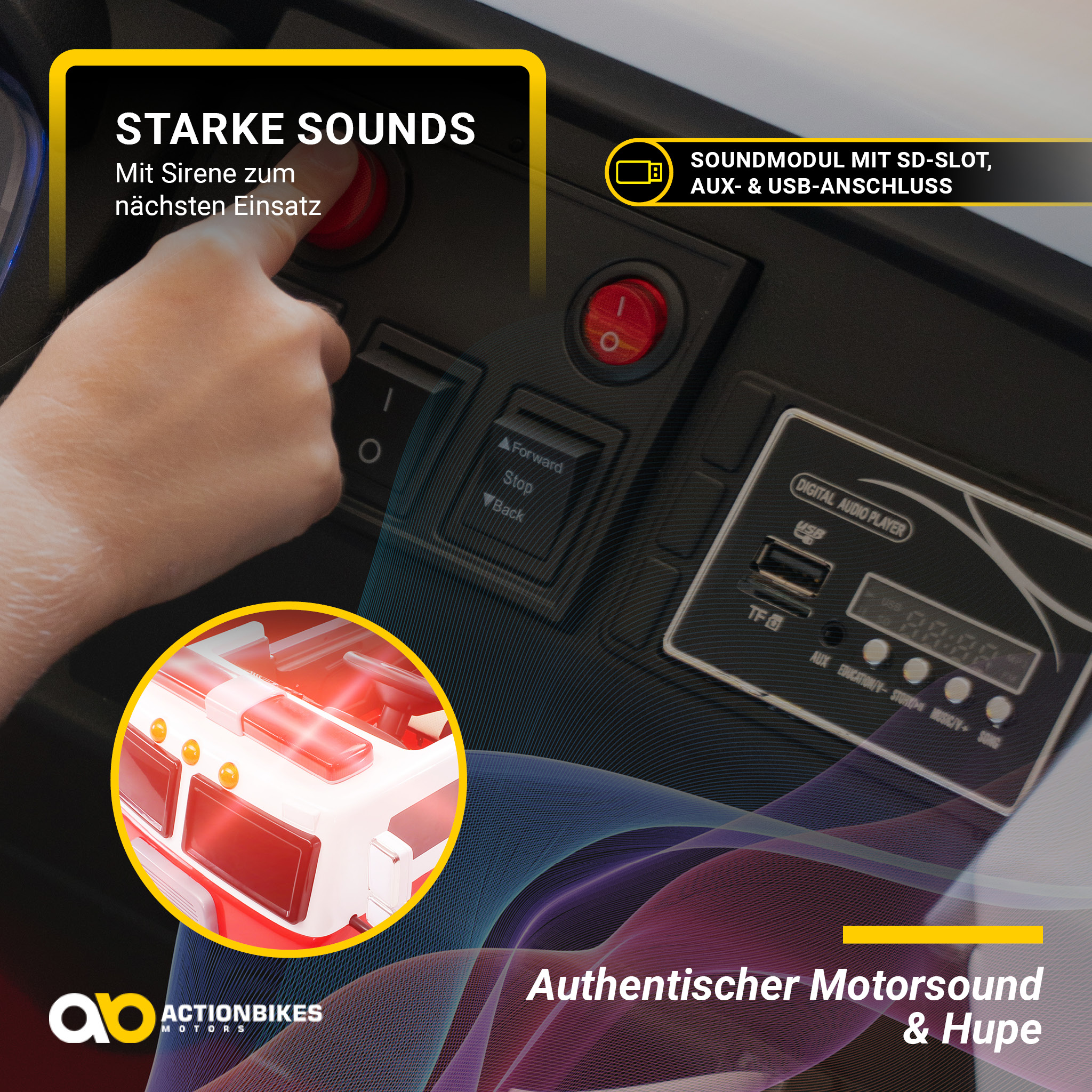 Ein Armaturenbrett eines Kinderspielzeugautos mit Knöpfen und Soundeffekten.