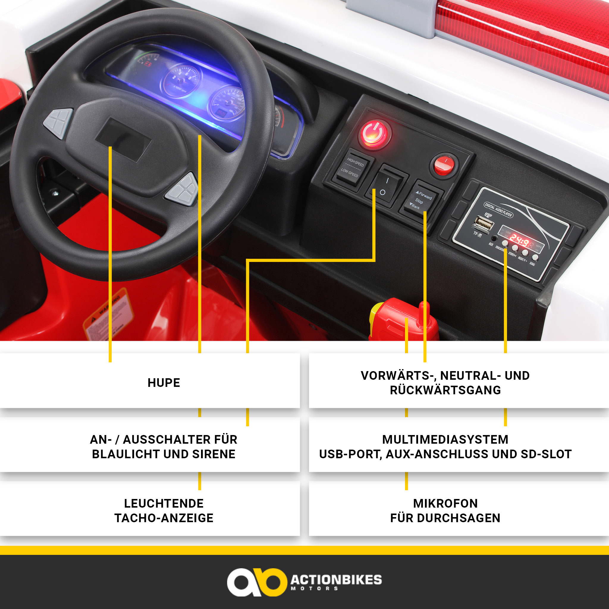 Armaturenbrett eines Spielzeugautos mit deutschen Textbezeichnungen. Rot und Weiß.