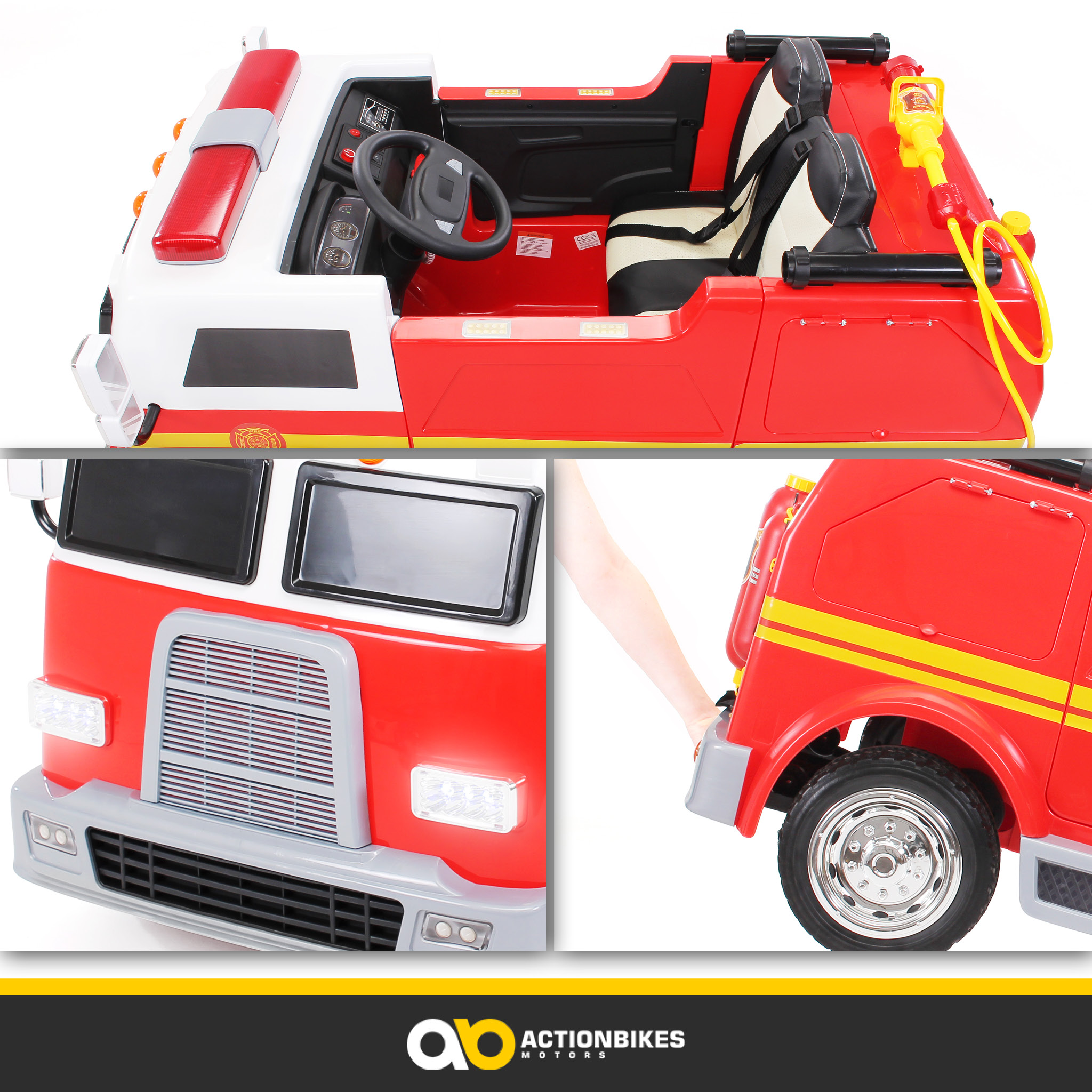 Roter und weißer Spielzeug-Feuerwehrwagen. Enthält Lichter, Sirenen und einen Wasserschlauch.