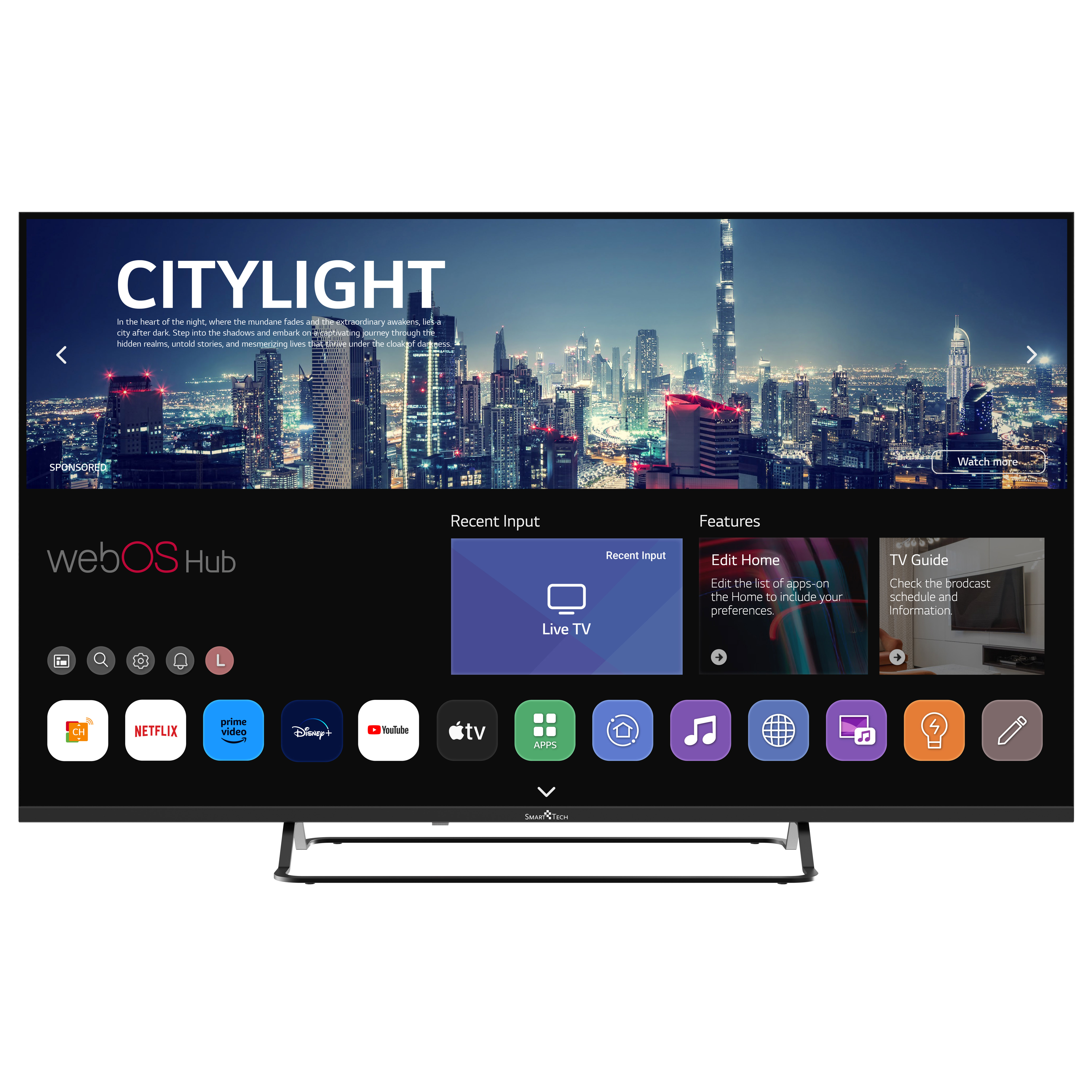 Telewizor wyświetlający funkcje Smart TV. Pokazuje aplikacje i krajobraz miejski z tekstem.