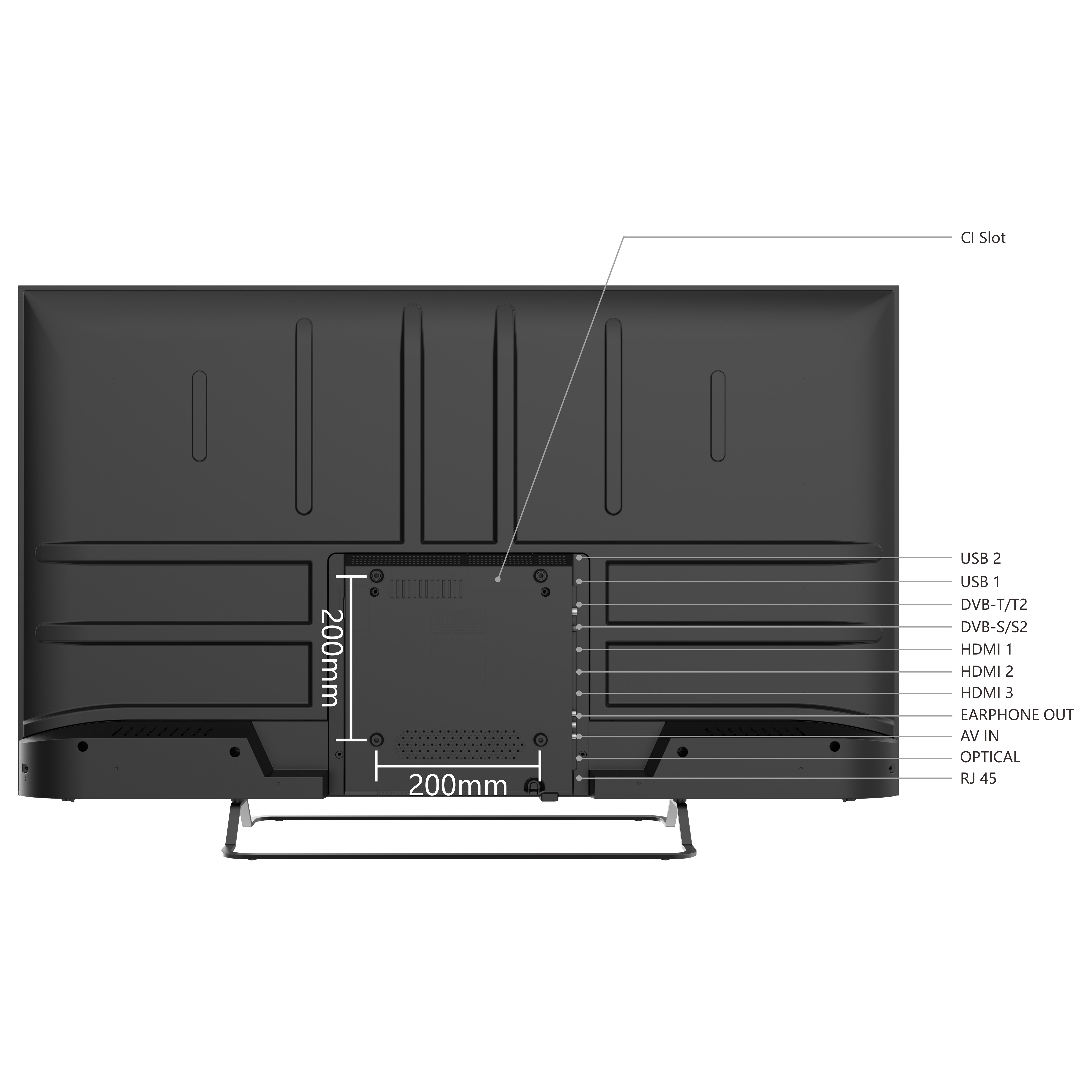 Tył czarnego telewizora z oznaczonymi portami: USB, HDMI, AV itp. i stojakiem.