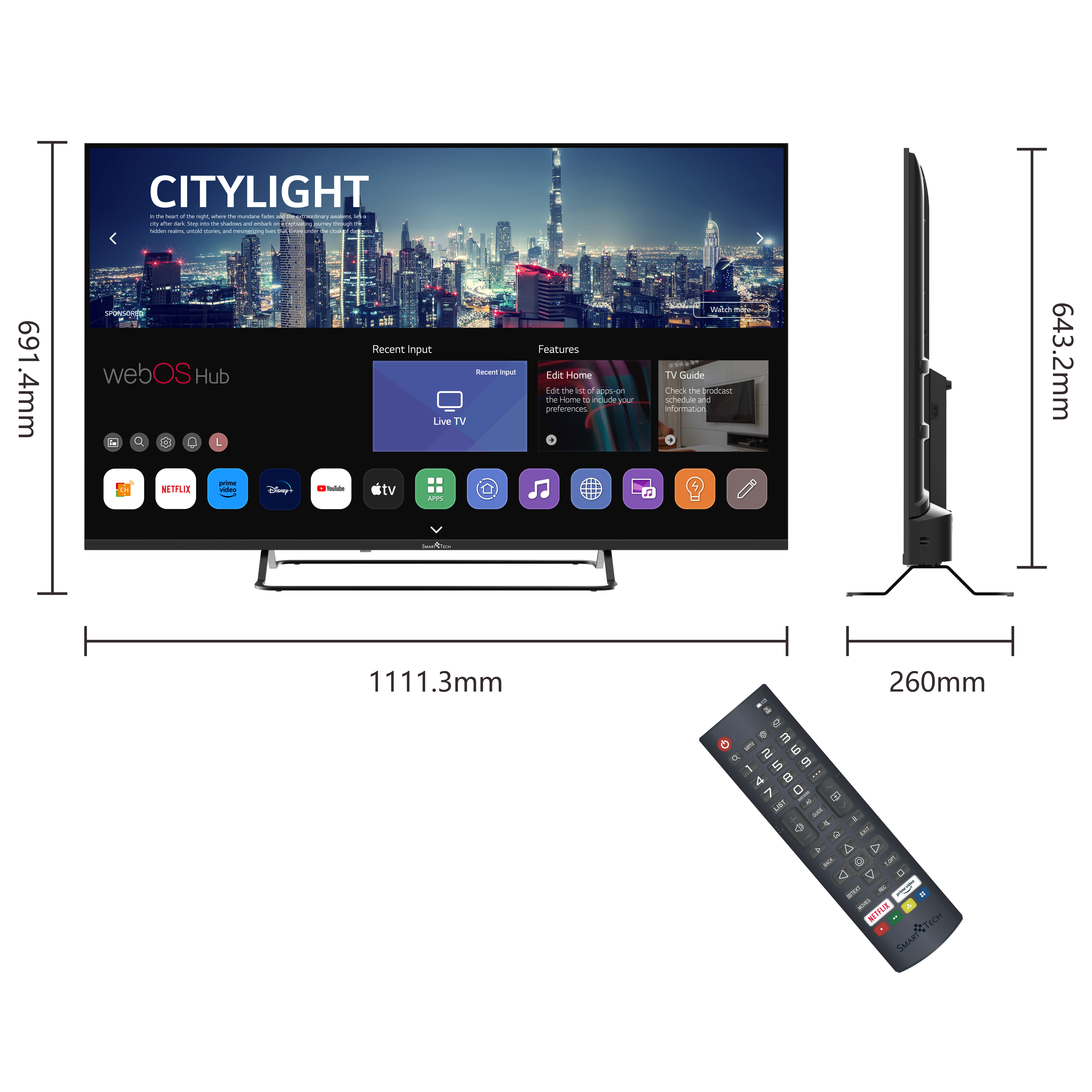 Duży czarny telewizor z pilotem. Wyświetlane są wymiary. Ekran pokazuje miasto w nocy.