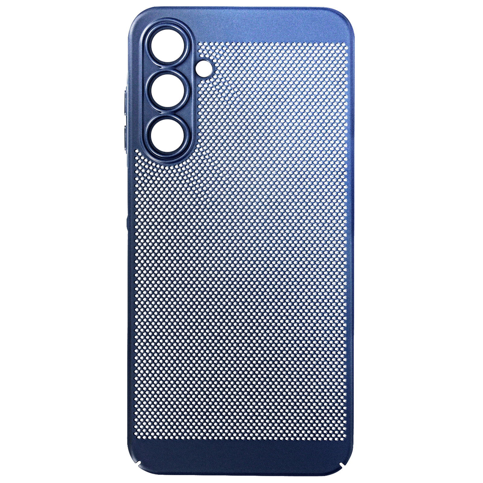 Custodia per telefono blu con motivo a pois. Presenta tre ritagli per la fotocamera. Sfondo bianco.