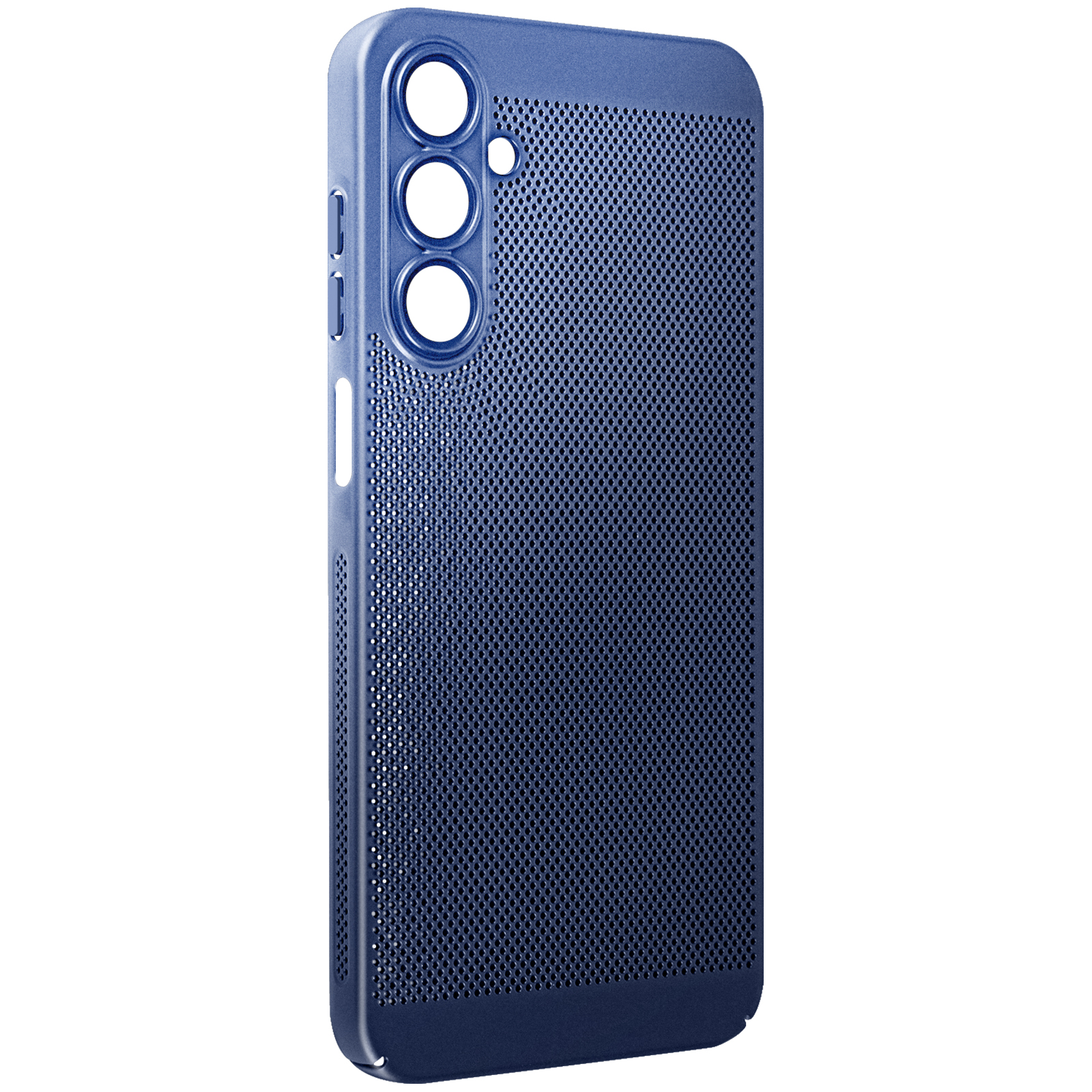 Una custodia blu per telefono con un design perforato. Sono visibili tre fori per la fotocamera.