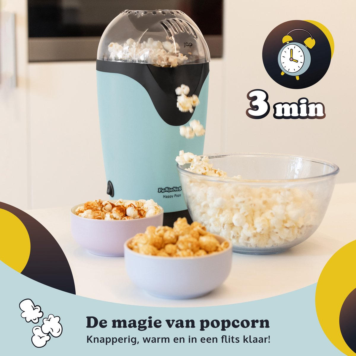Popcorn machine popping kernels into bowls. Three bowls with popcorn, a clock icon, and text: 3 min.